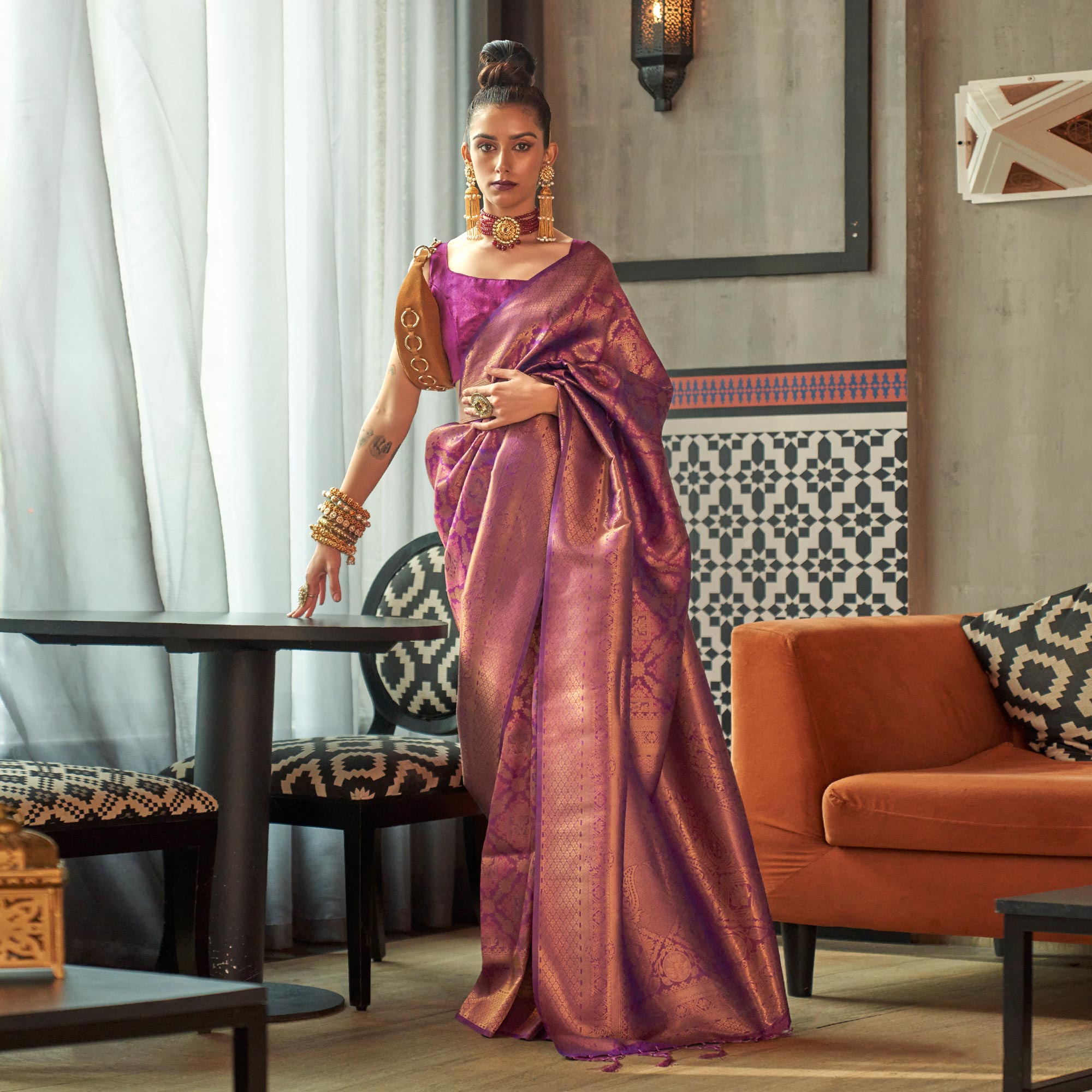 Purple Woven Art Silk Saree With Tassels
