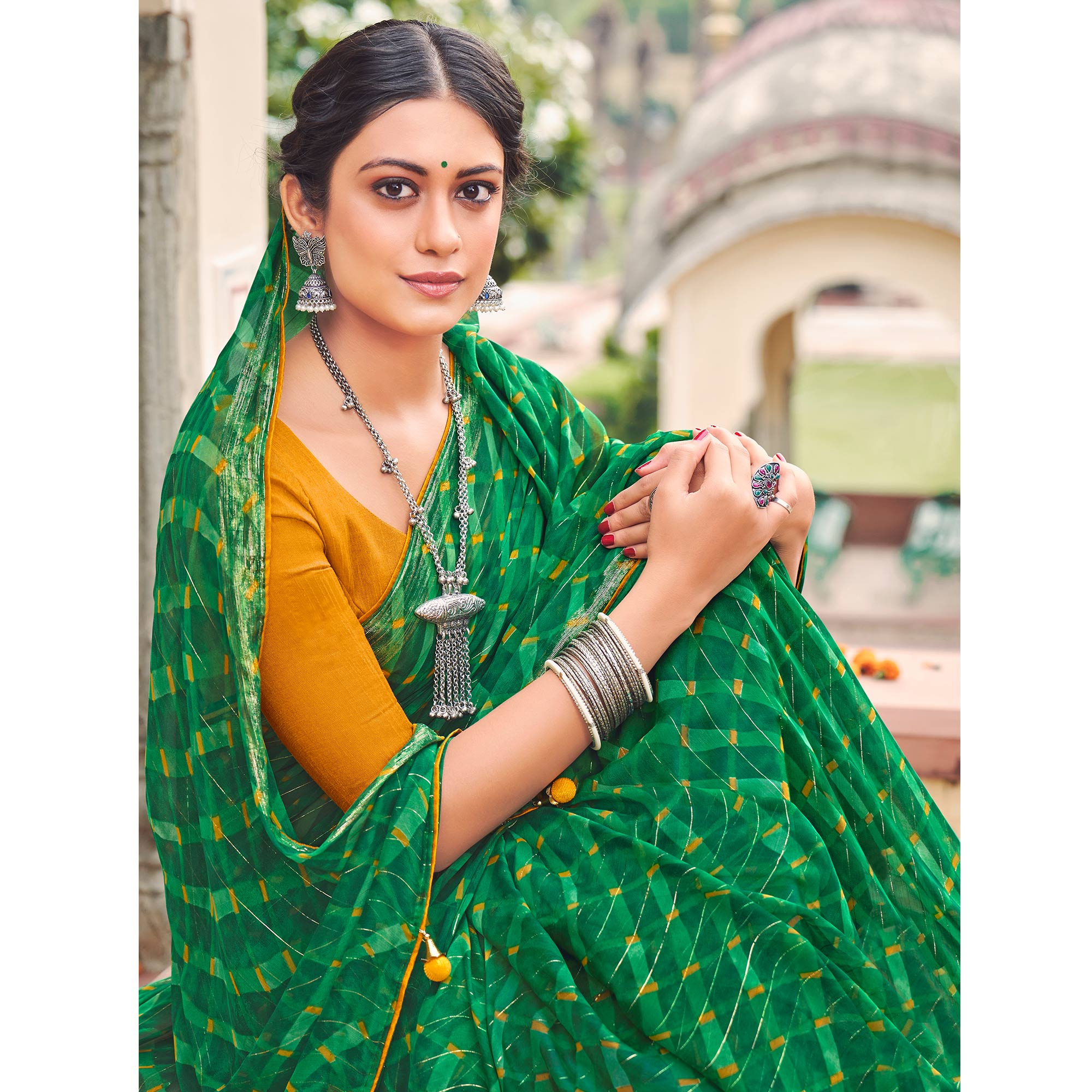 Green Printed Chiffon Saree