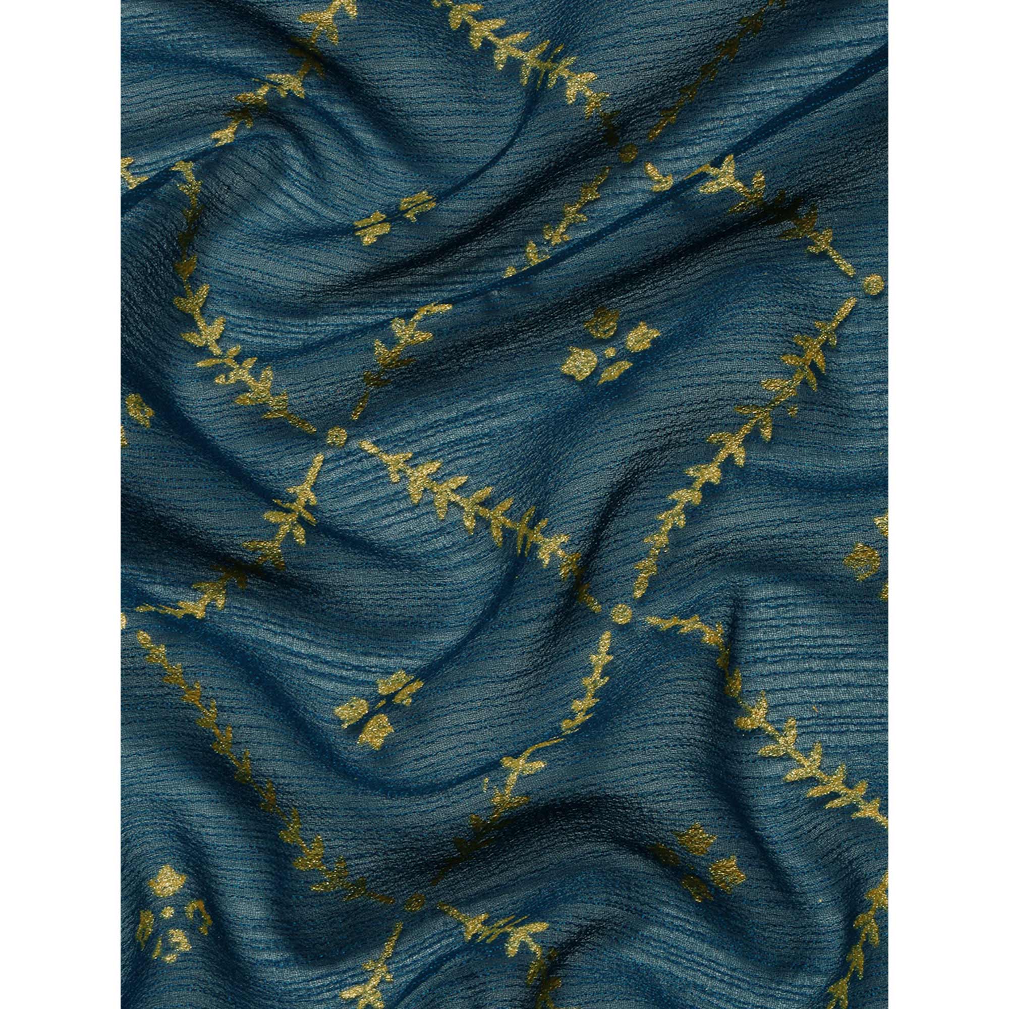 Blue Floral Foil Printed Zomato Saree