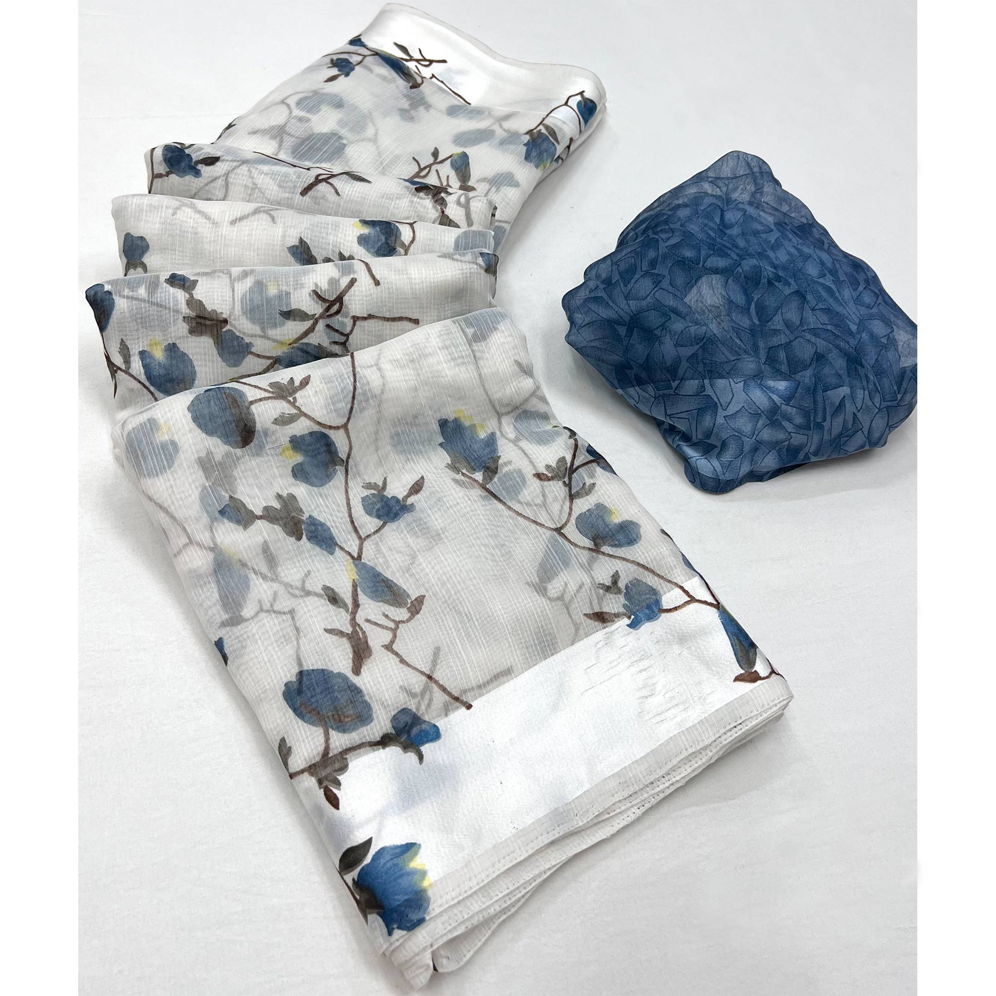 White Navy Blue Floral Printed Linen Saree