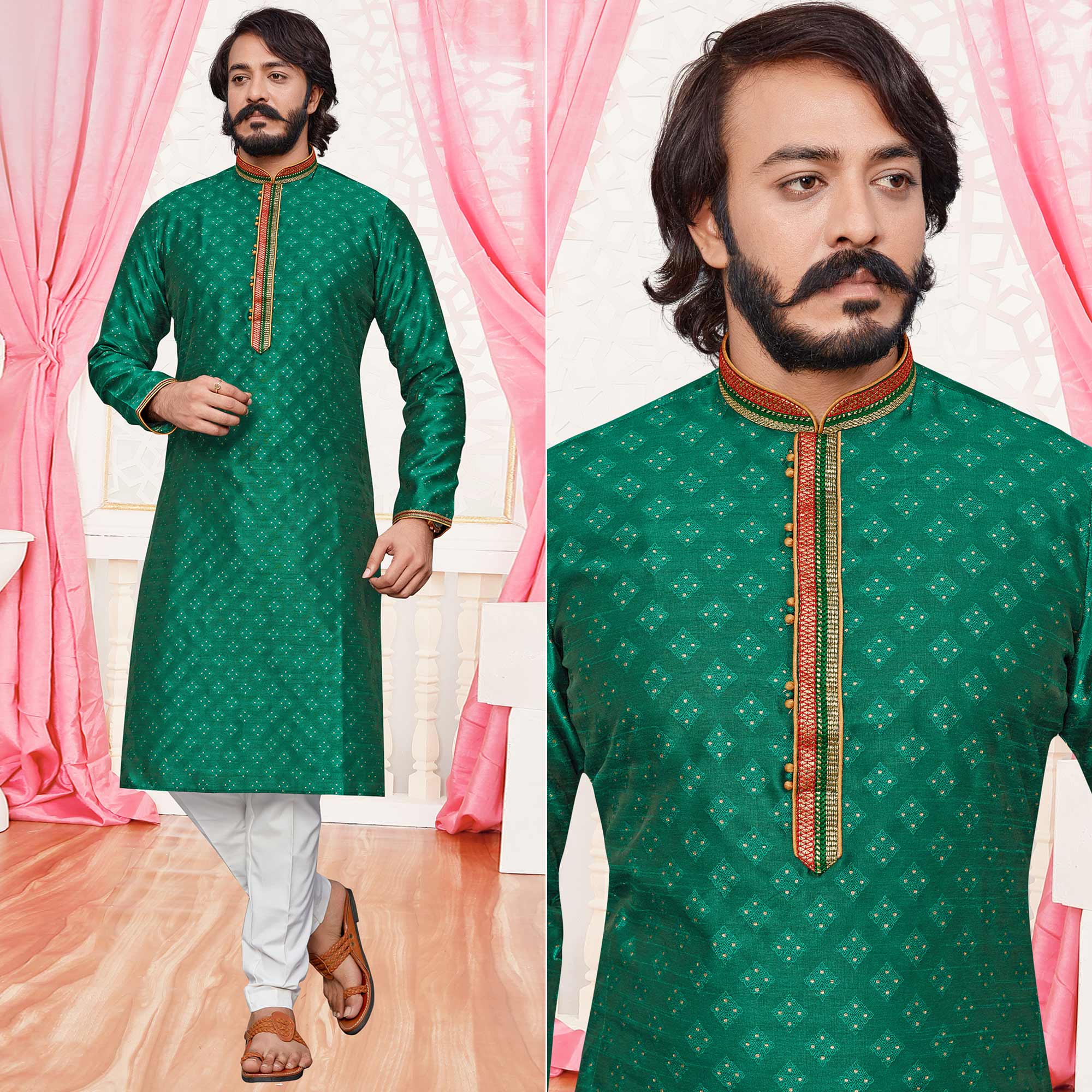 Green Woven Jacquard Kurta Pyjama Set