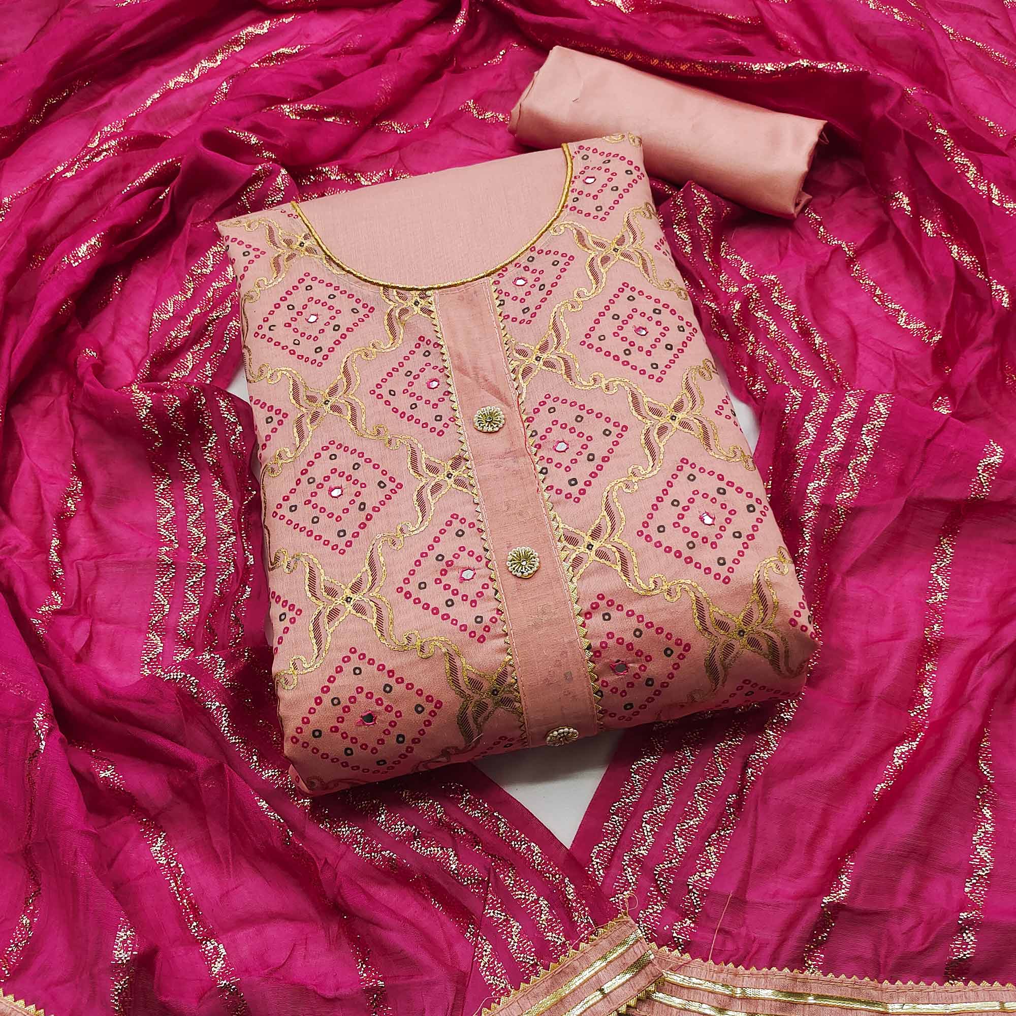 Pink Embroidered Chanderi Dress Material
