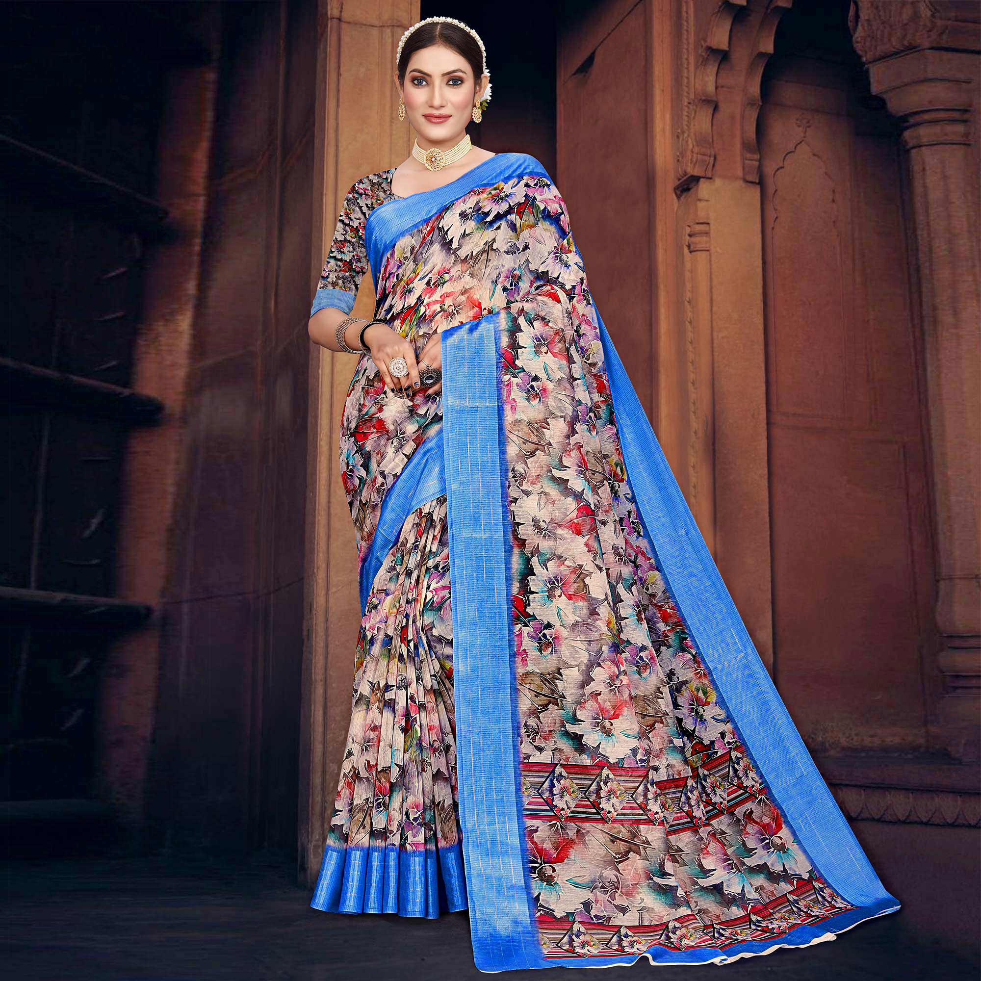 Multicolored Digital Printed Cotton Blend Saree