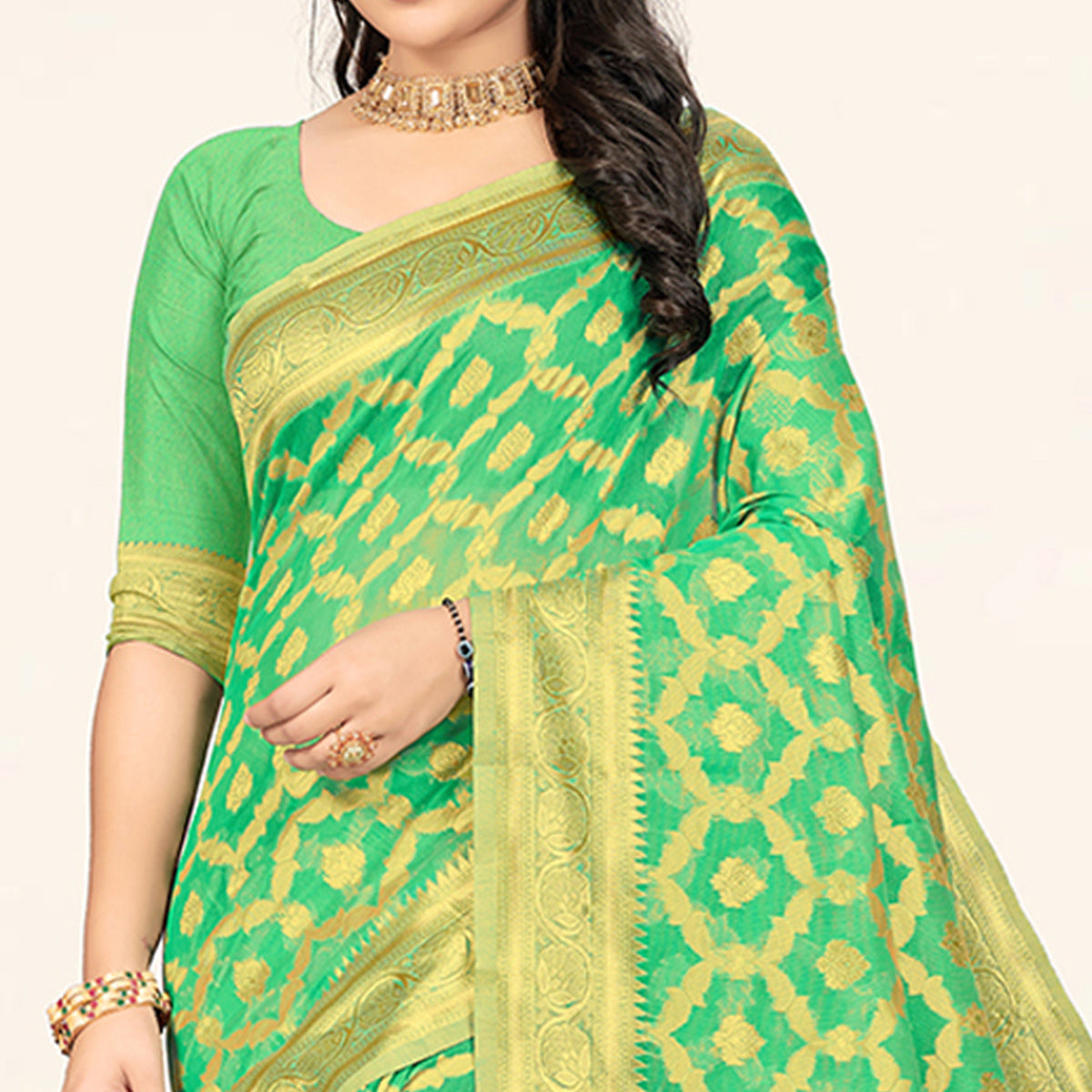 Sea Green Woven Cotton Saree With Tassels