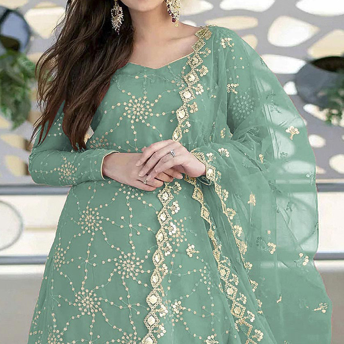 Sea Green Sequins Embroidered Georgette Gharara Style Suit