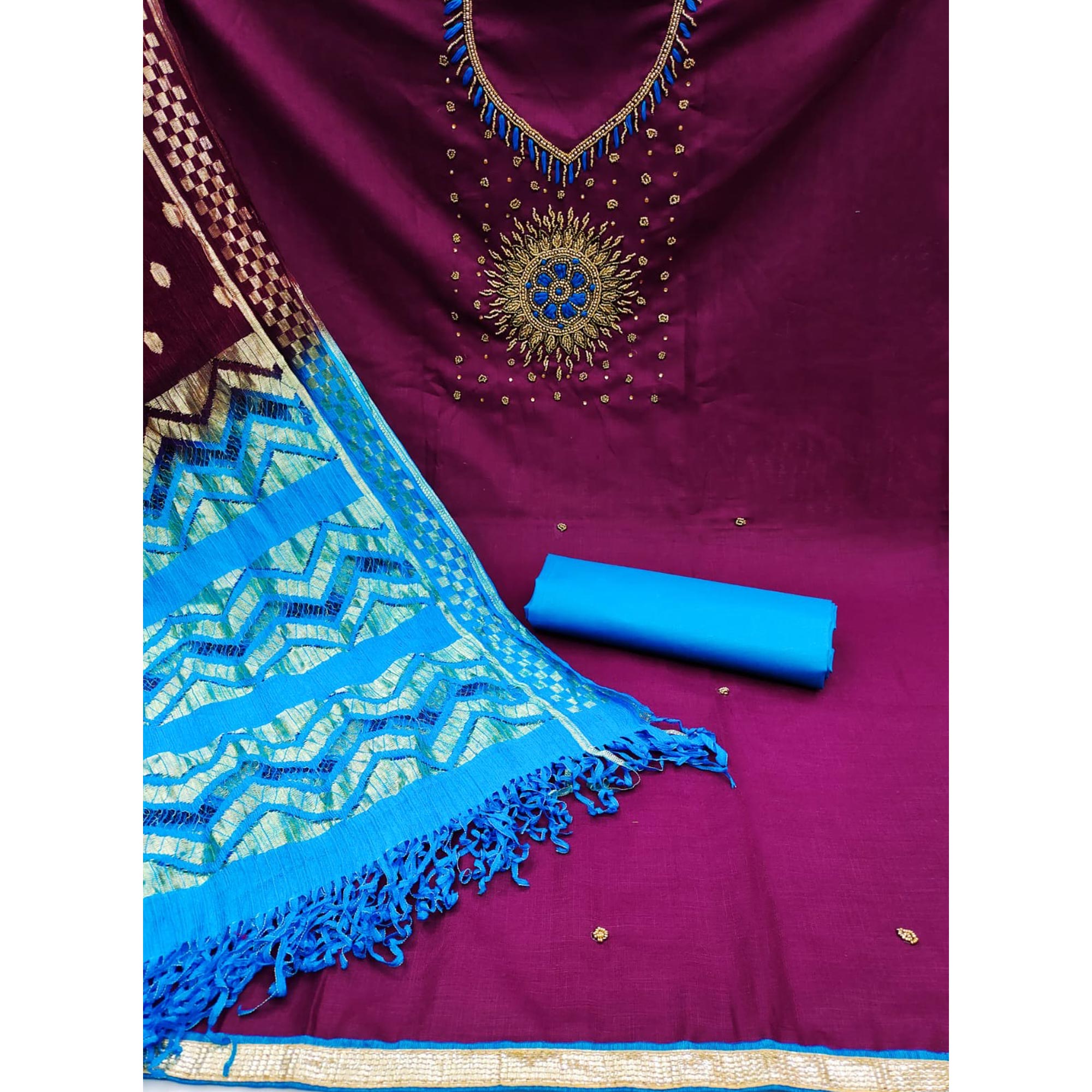 Wine Pearl Handwork Cotton Slub Dress Material