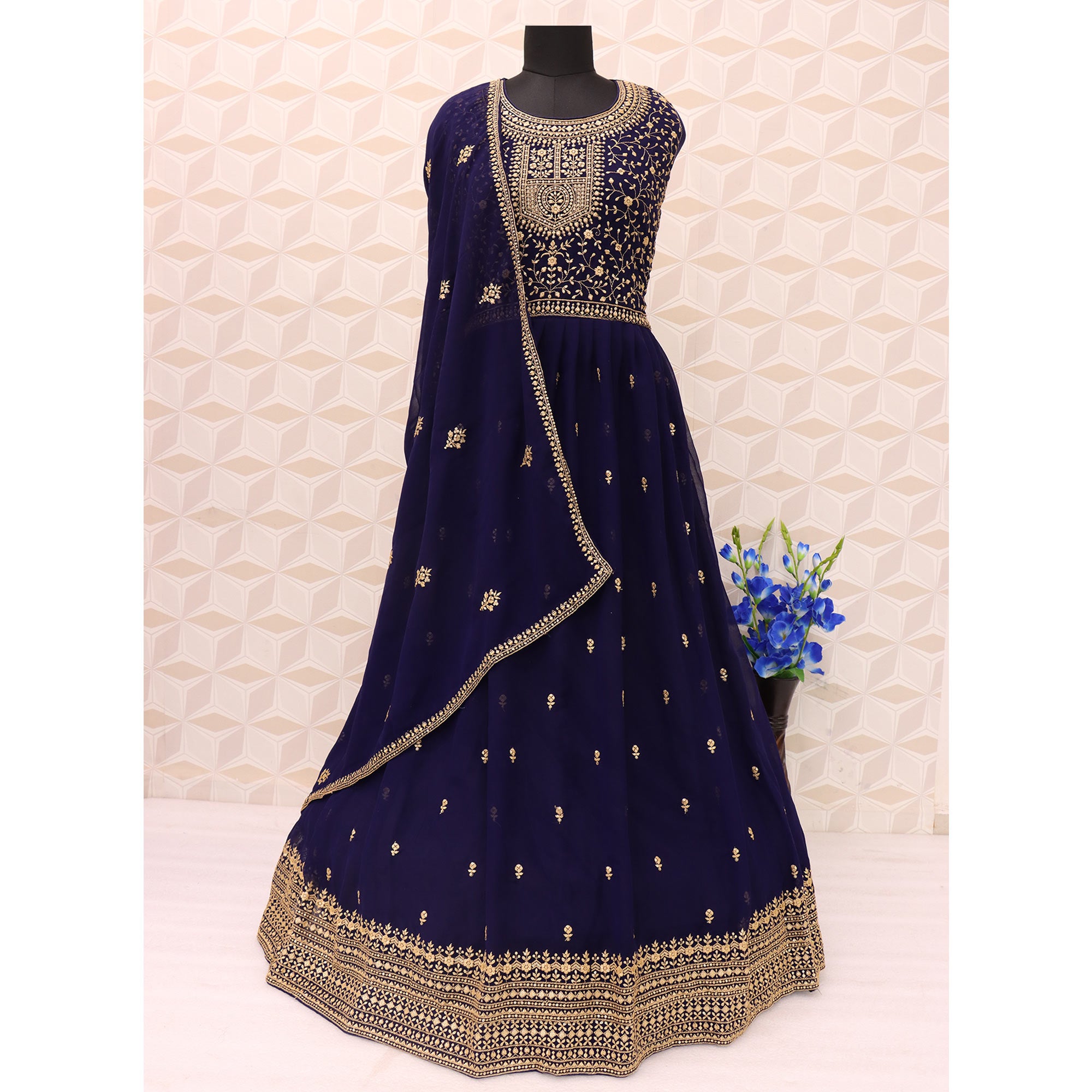 Navy Blue Floral Sequins Embroidered Georgette Semi Stitched Anarkali Suit