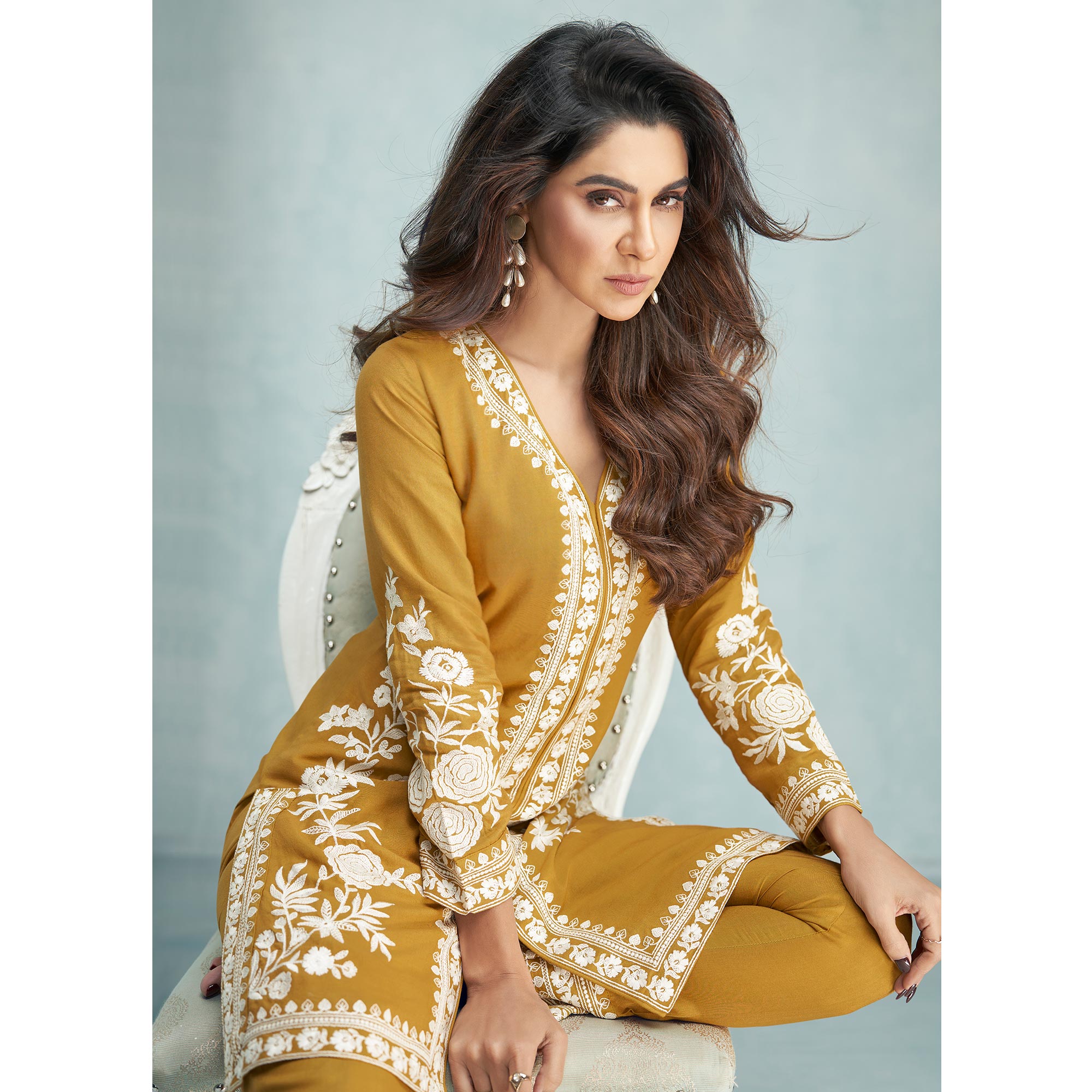 Mustard Floral Embroidered Rayon Kurti Co Ord Set