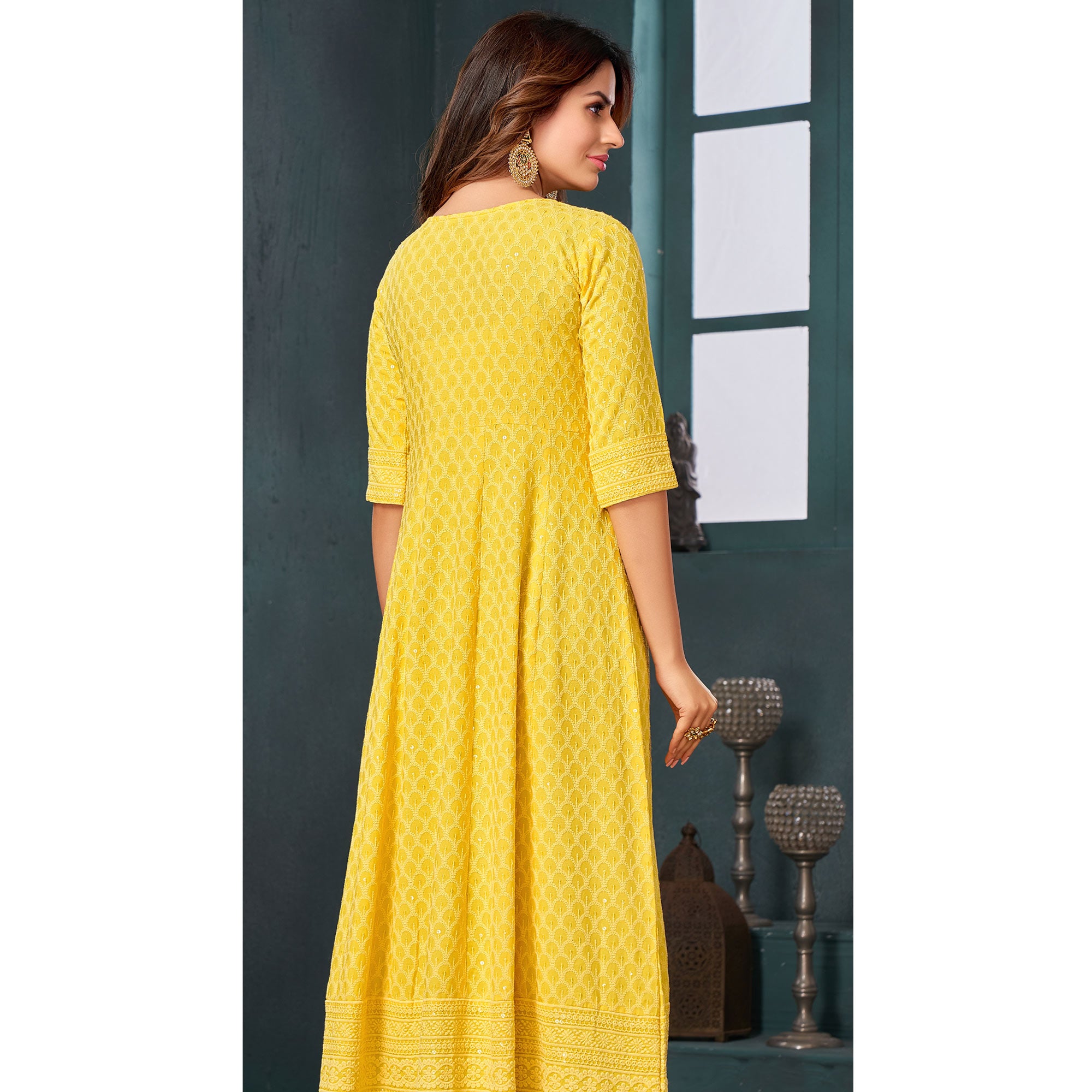 Yellow Chikankari Work Aanarkali Style Rayon Kurti