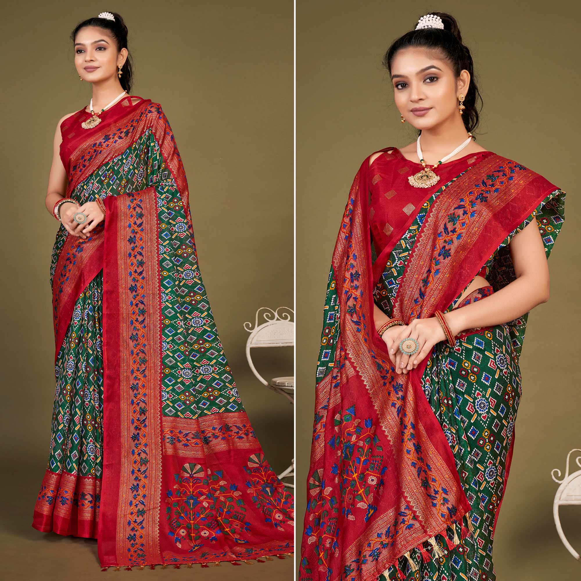 Green Printed Jute Patola Saree With Tassels
