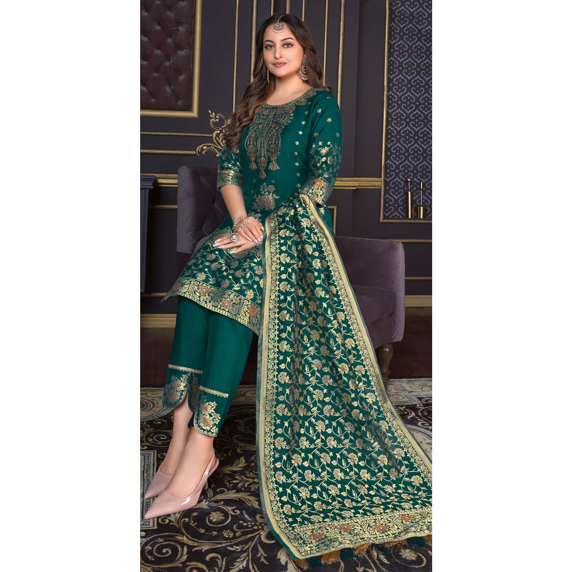 Teal Green Woven Banarasi Silk Salwar Suit