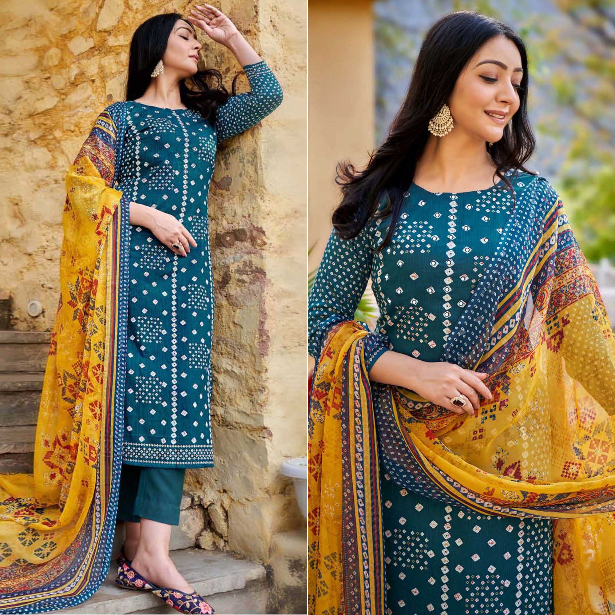 Teal Blue Bandhani Printed Pure Cotton Salwar Suit