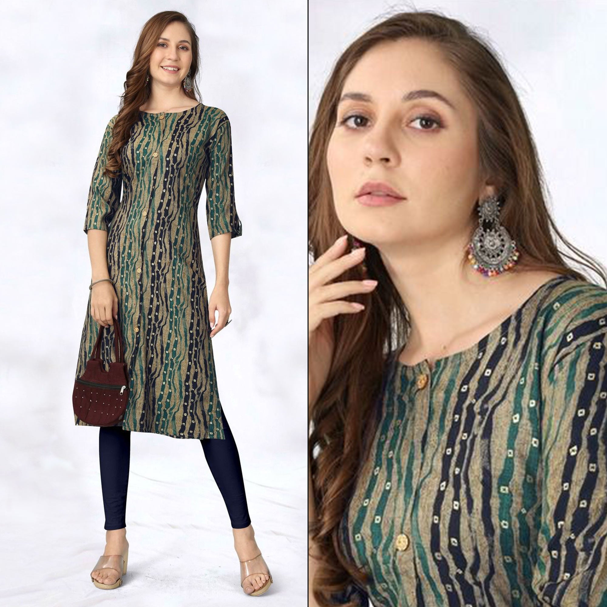 Beige Foil Printed Rayon Kurti
