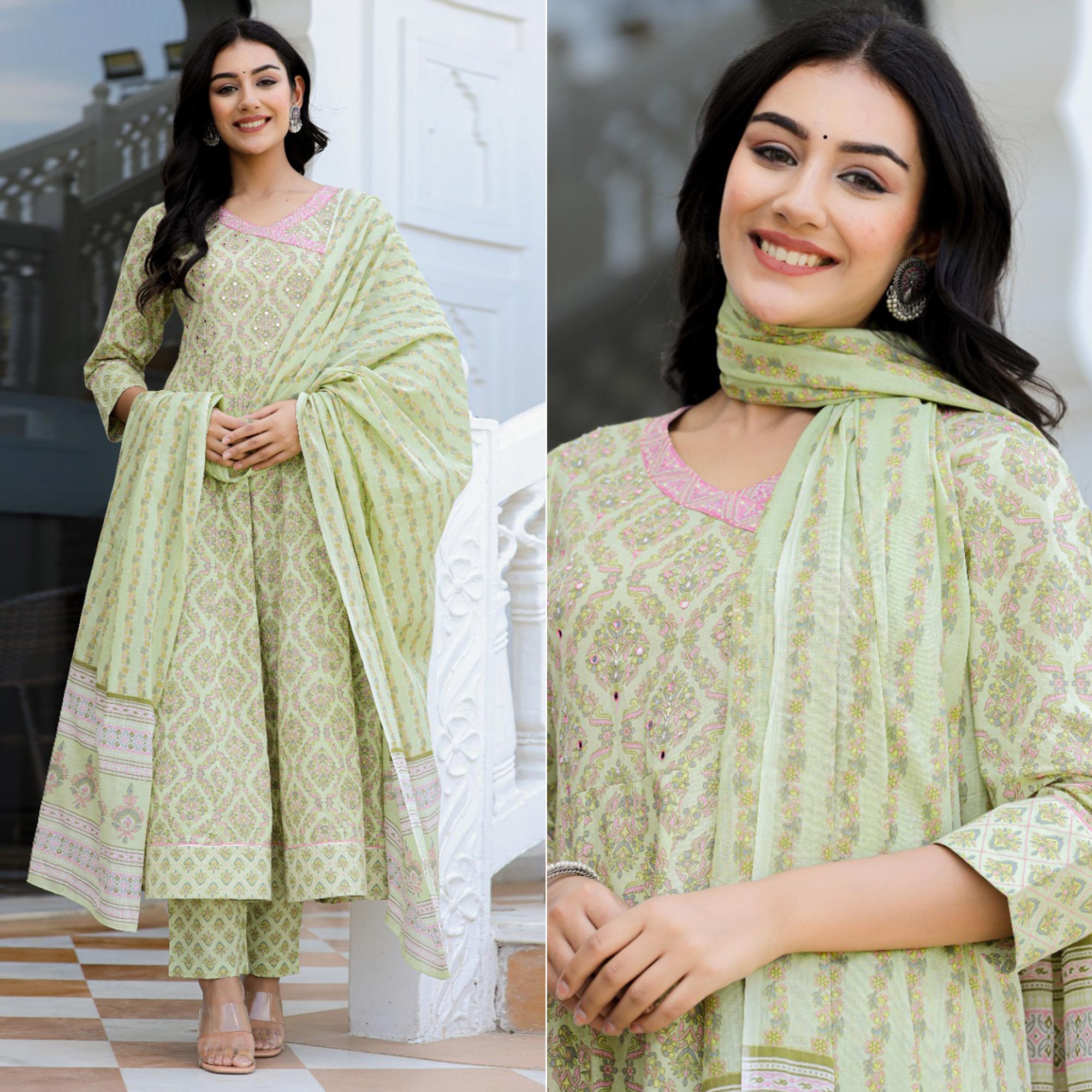Green Floral Printed Pure Cotton Anarkali Suit