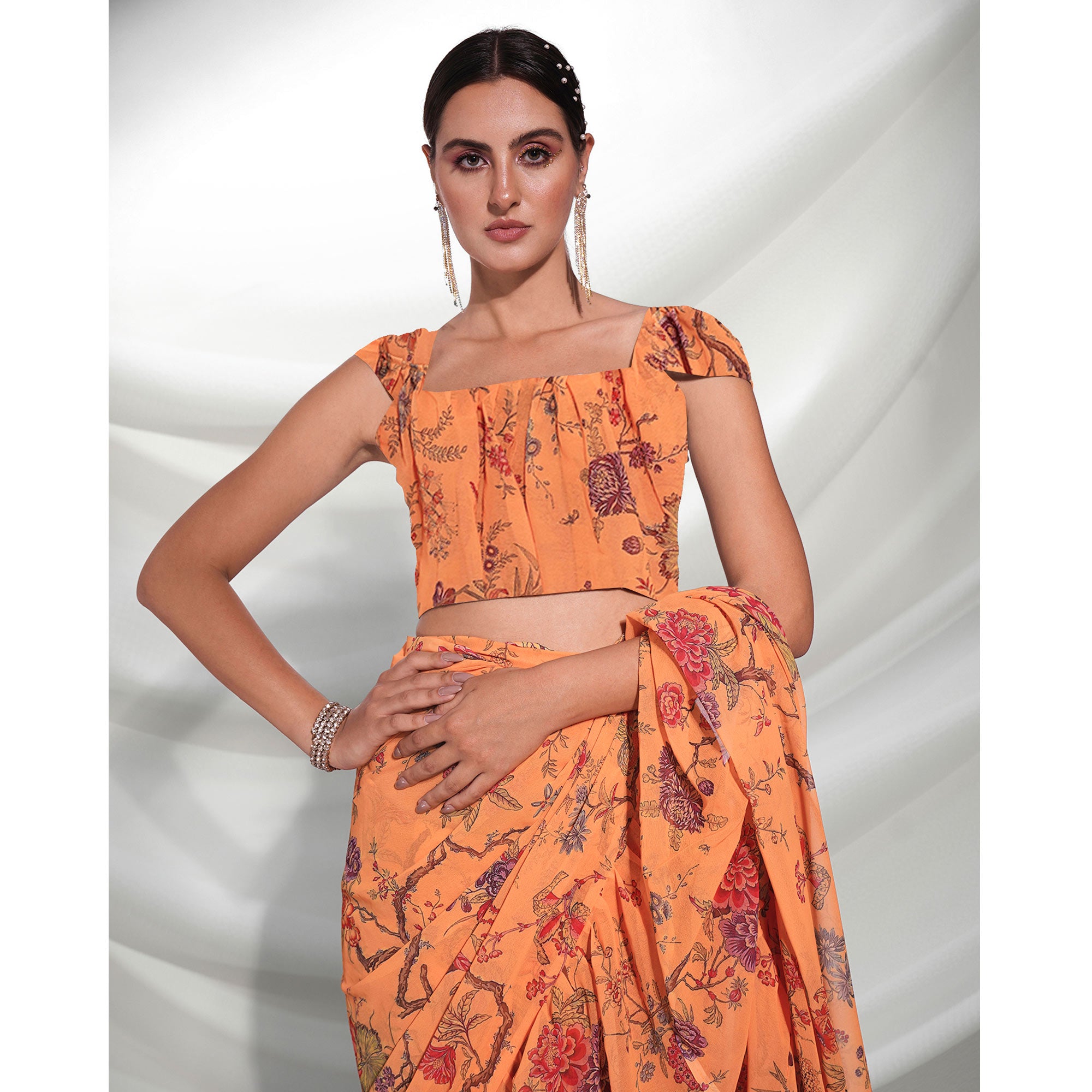 Orange Floral Printed Georgette Frill Saree