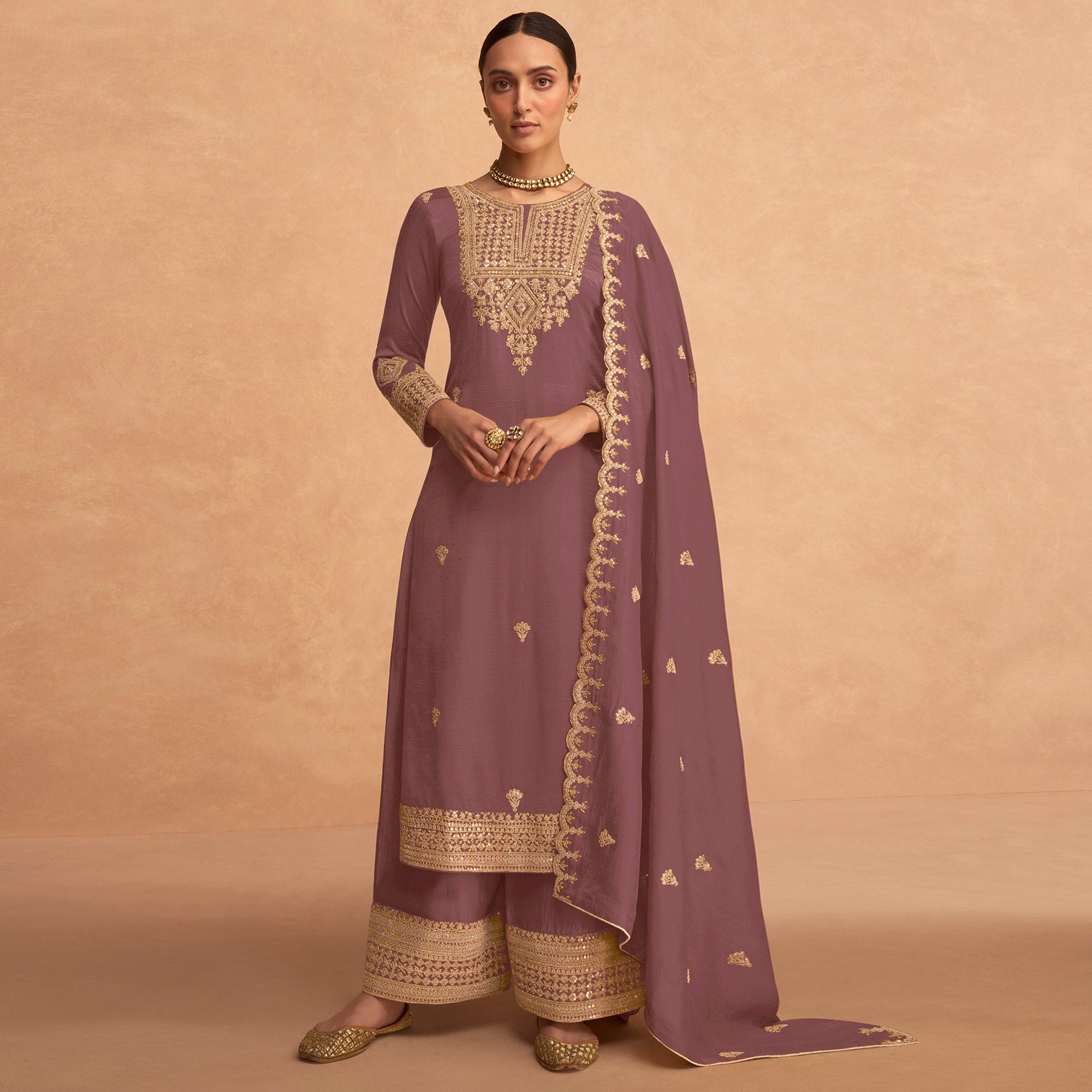 Mauve Sequins Embroidered Georgette Palazzo Suit