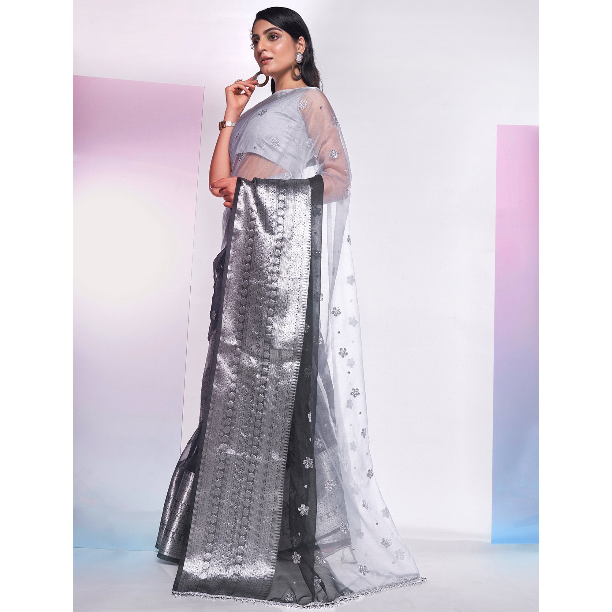 Black & Grey Sequins Embroidered Organza Saree