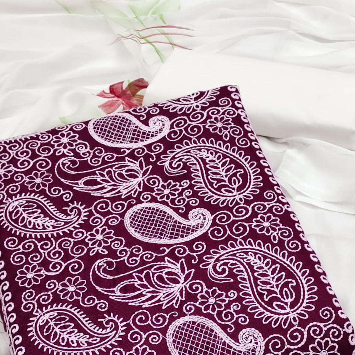 Wine Embroidered Cotton Blend Dress Material