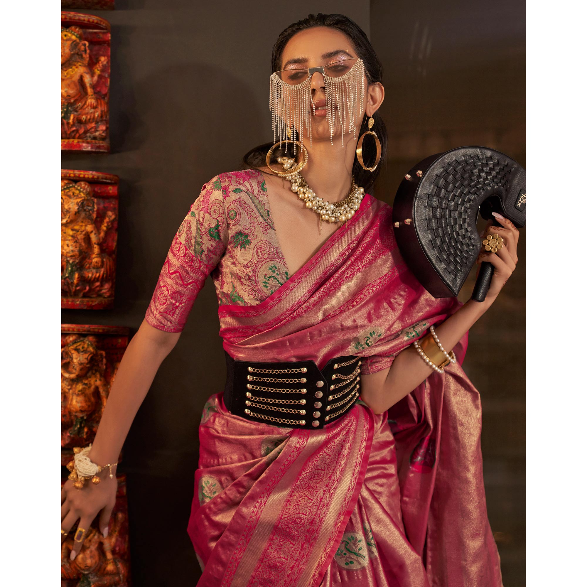Pink Woven Art Silk Saree With Tassels