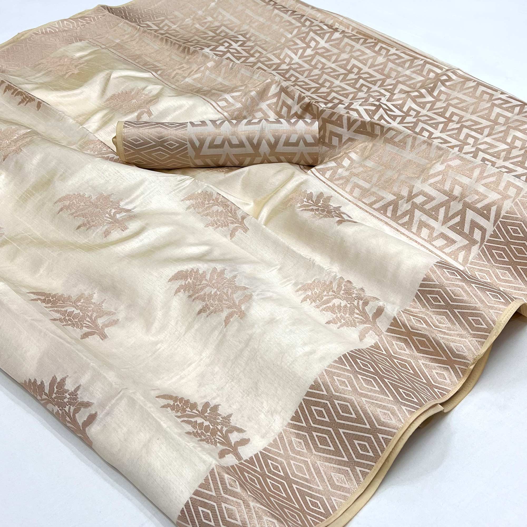 Cream Woven Raw Silk Saree
