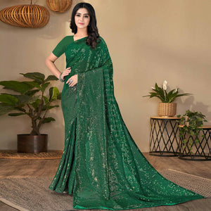 Green Sequins Embroidered Georgette Saree