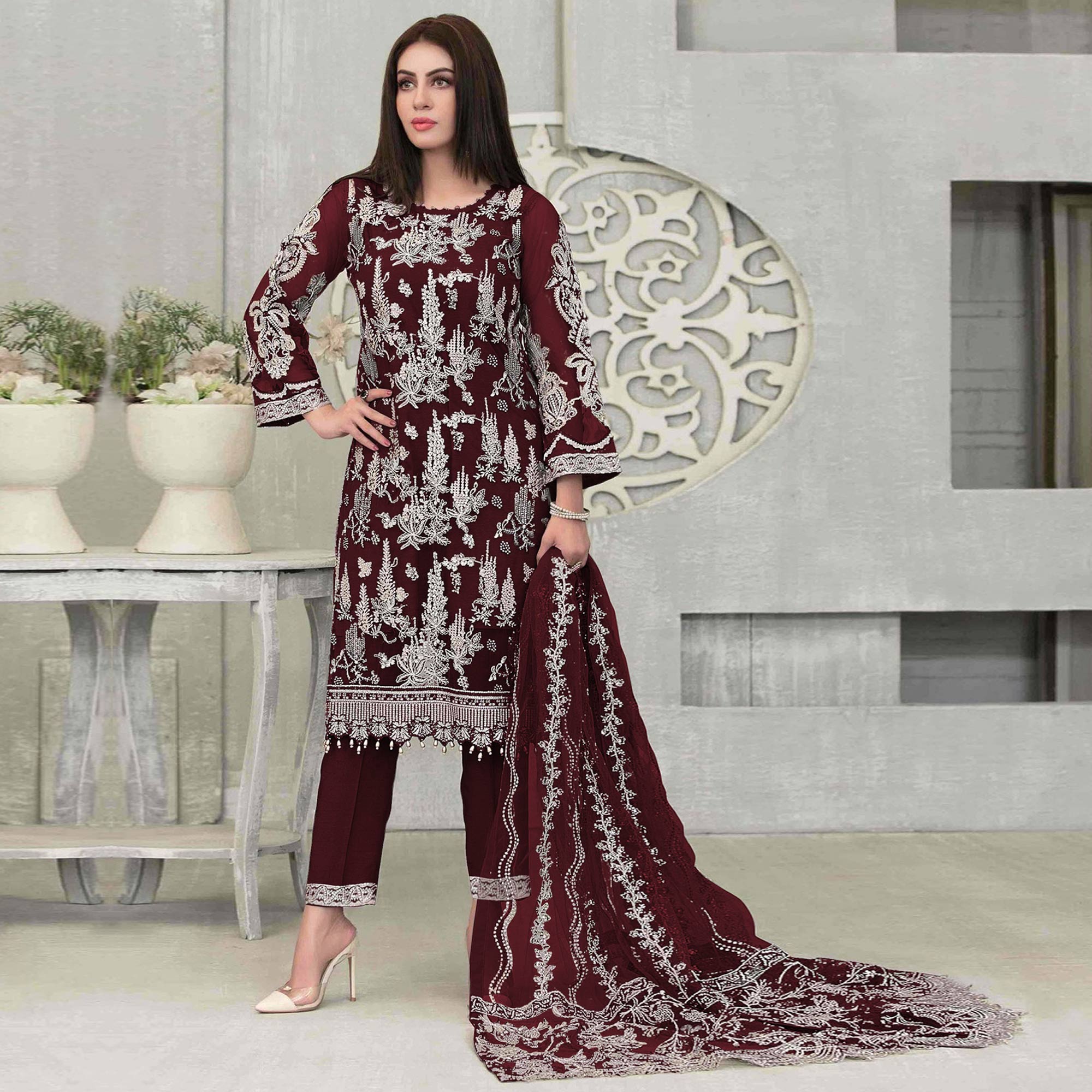 Maroon Floral Embroidered Georgette Pakistani Suit