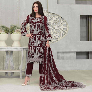 Maroon Floral Embroidered Georgette Pakistani Suit