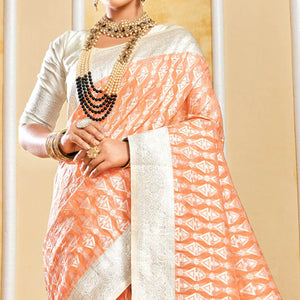 Peach Woven Cotton Silk Saree With Tassels