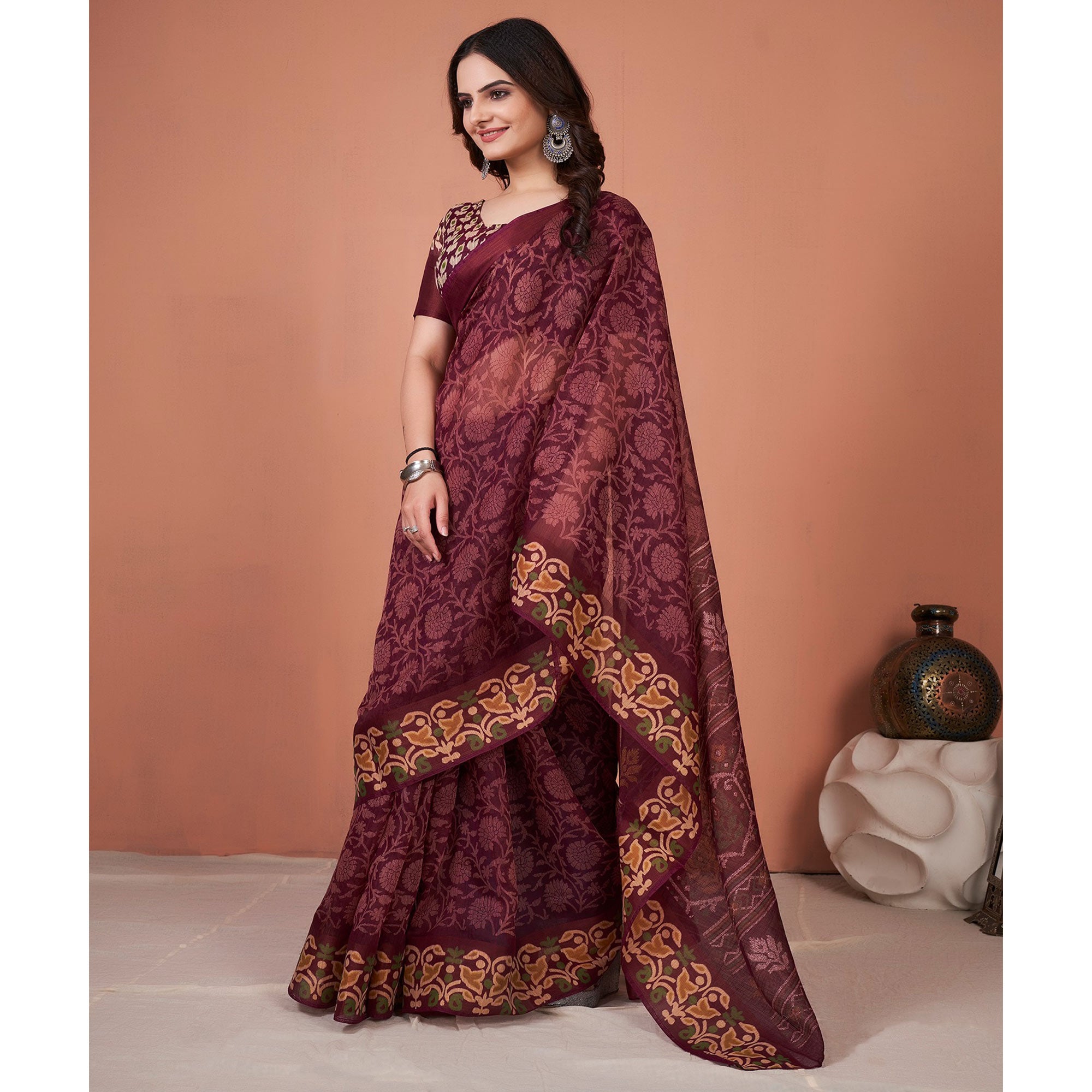 Purple Floral Printed Cotton Saree With Tassels