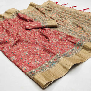 Peach Printed Matka Tussar Saree With Tassels