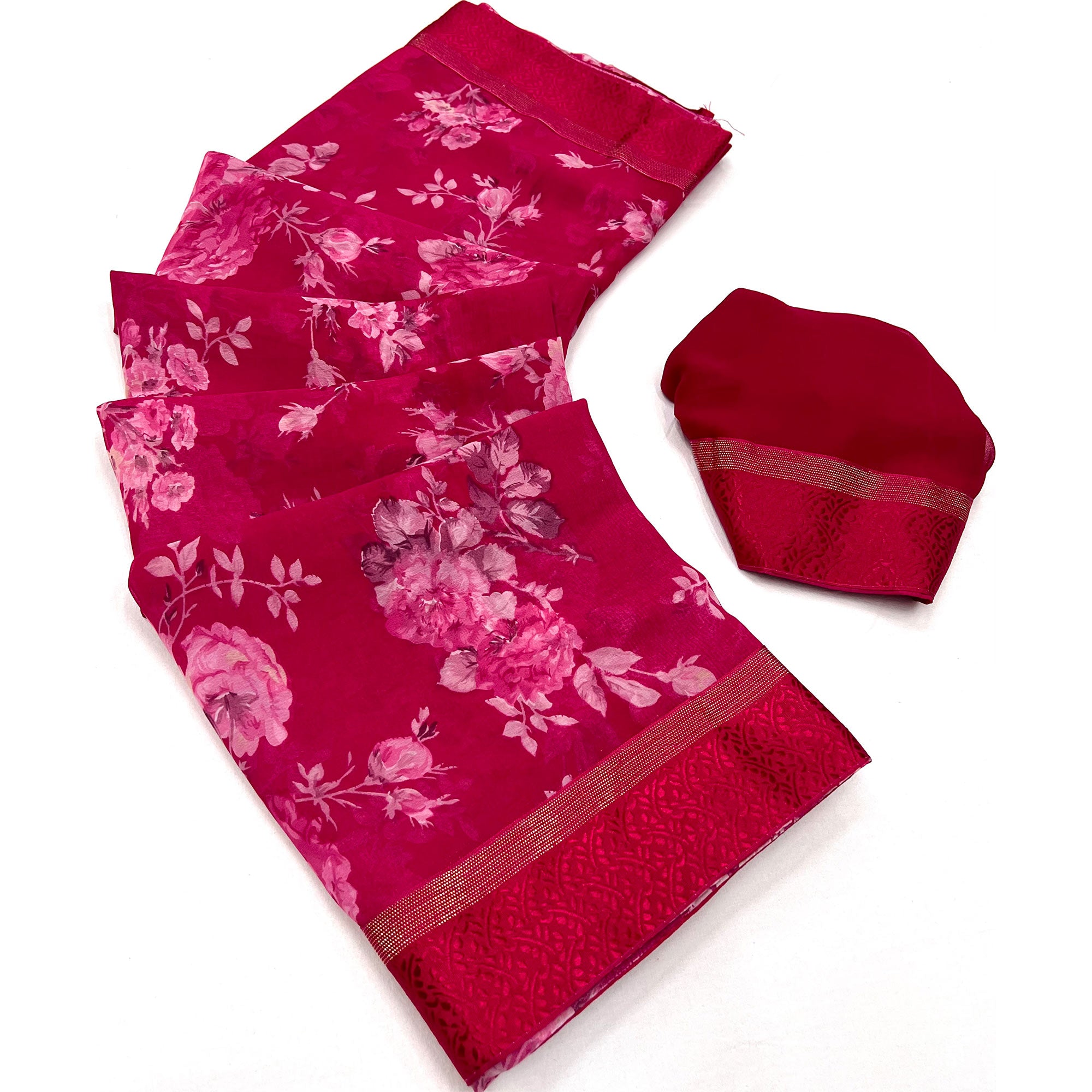 Rani Pink Floral Printed Georgette Saree