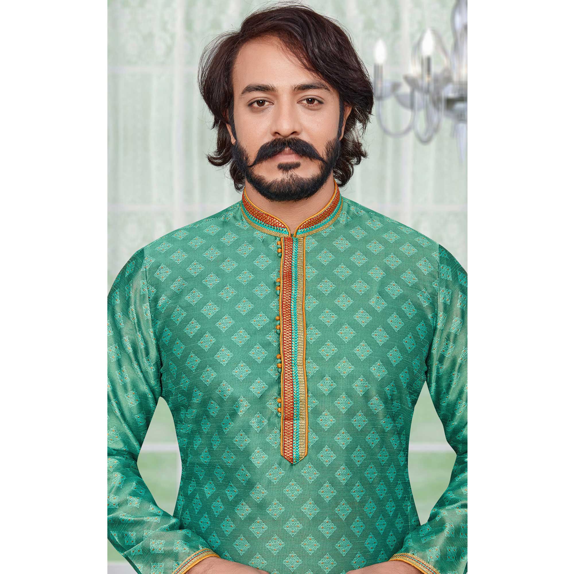 Light Green Woven Jacquard Kurta Pyjama Set