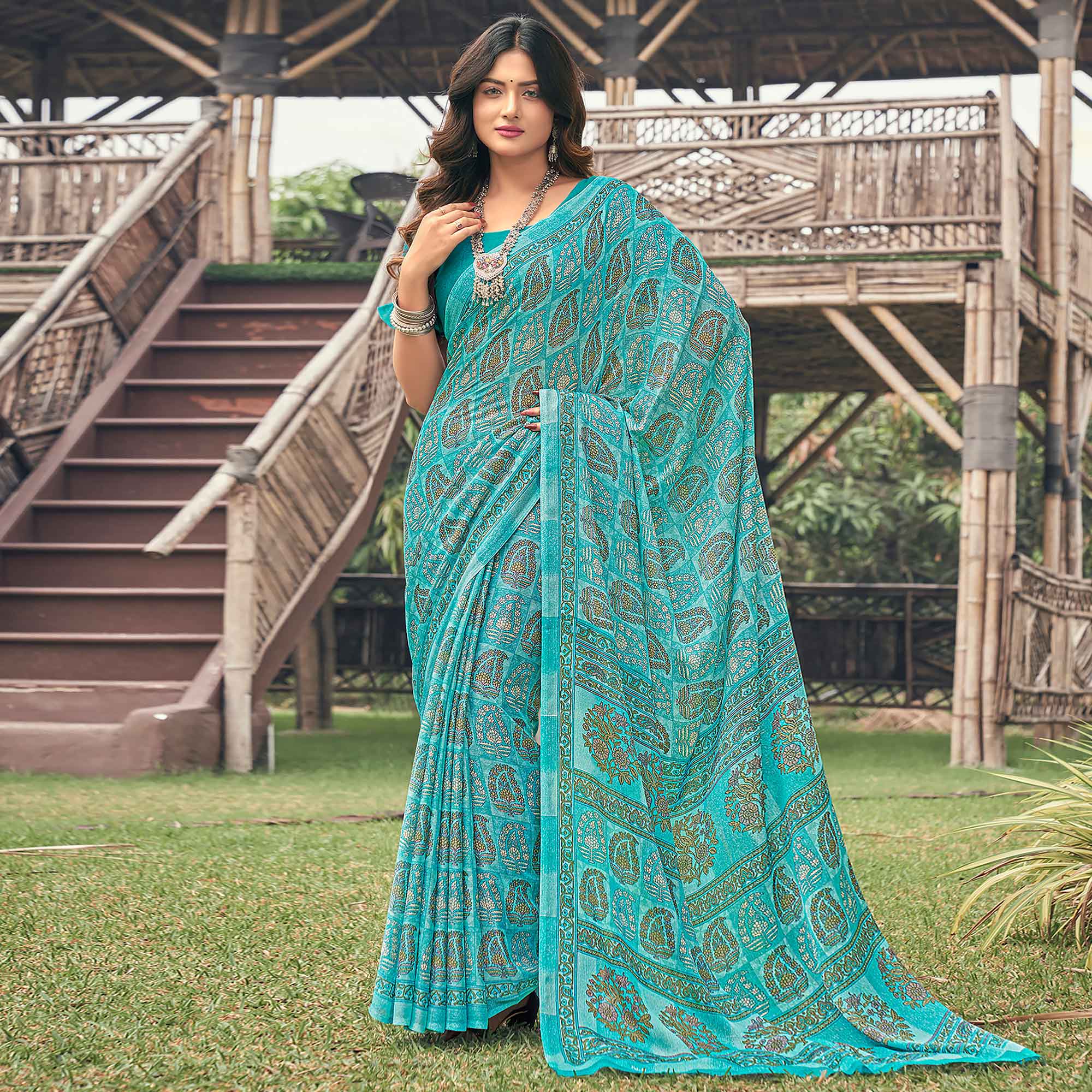 Aqua Blue Printed Chiffon Saree