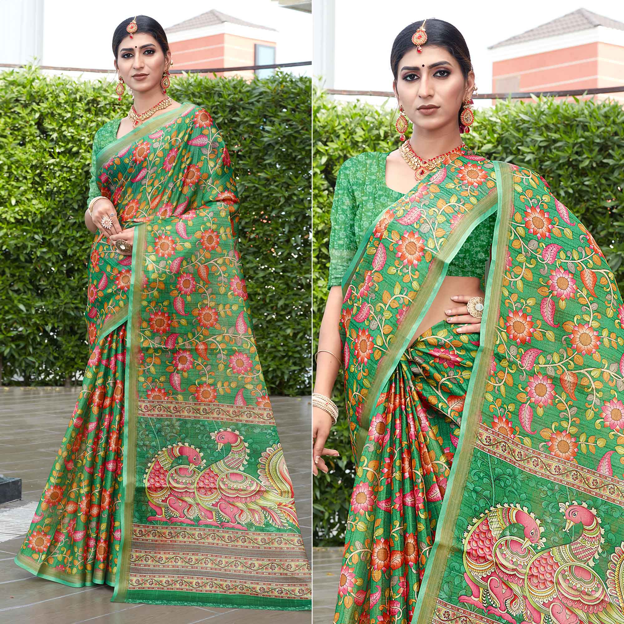Green Floral Digital Printed Cotton Silk Saree