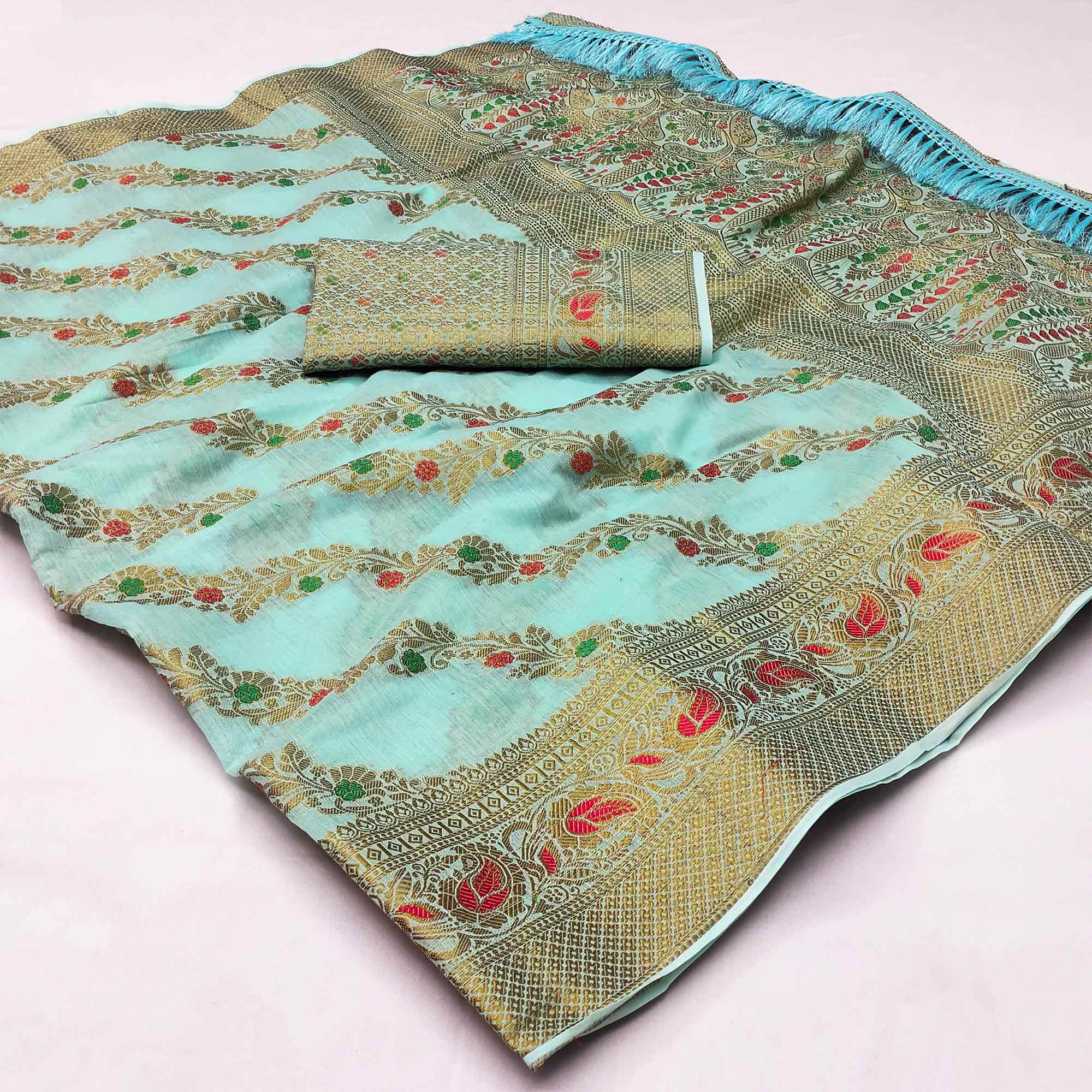 Blue Woven Cotton Blend Saree With Tassels