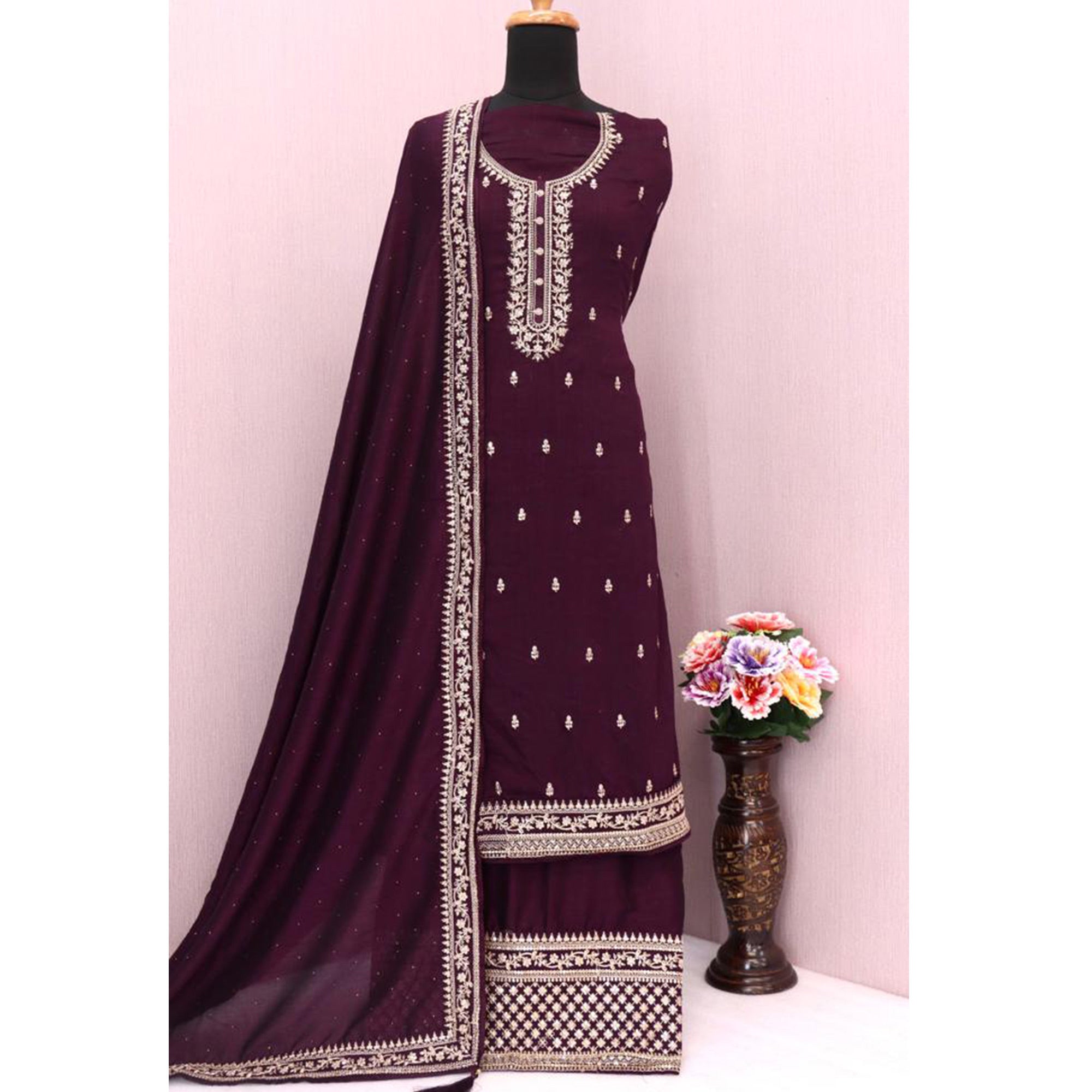 Wine Floral Embroidered Georgette Semi Stitched Palazzo Suit