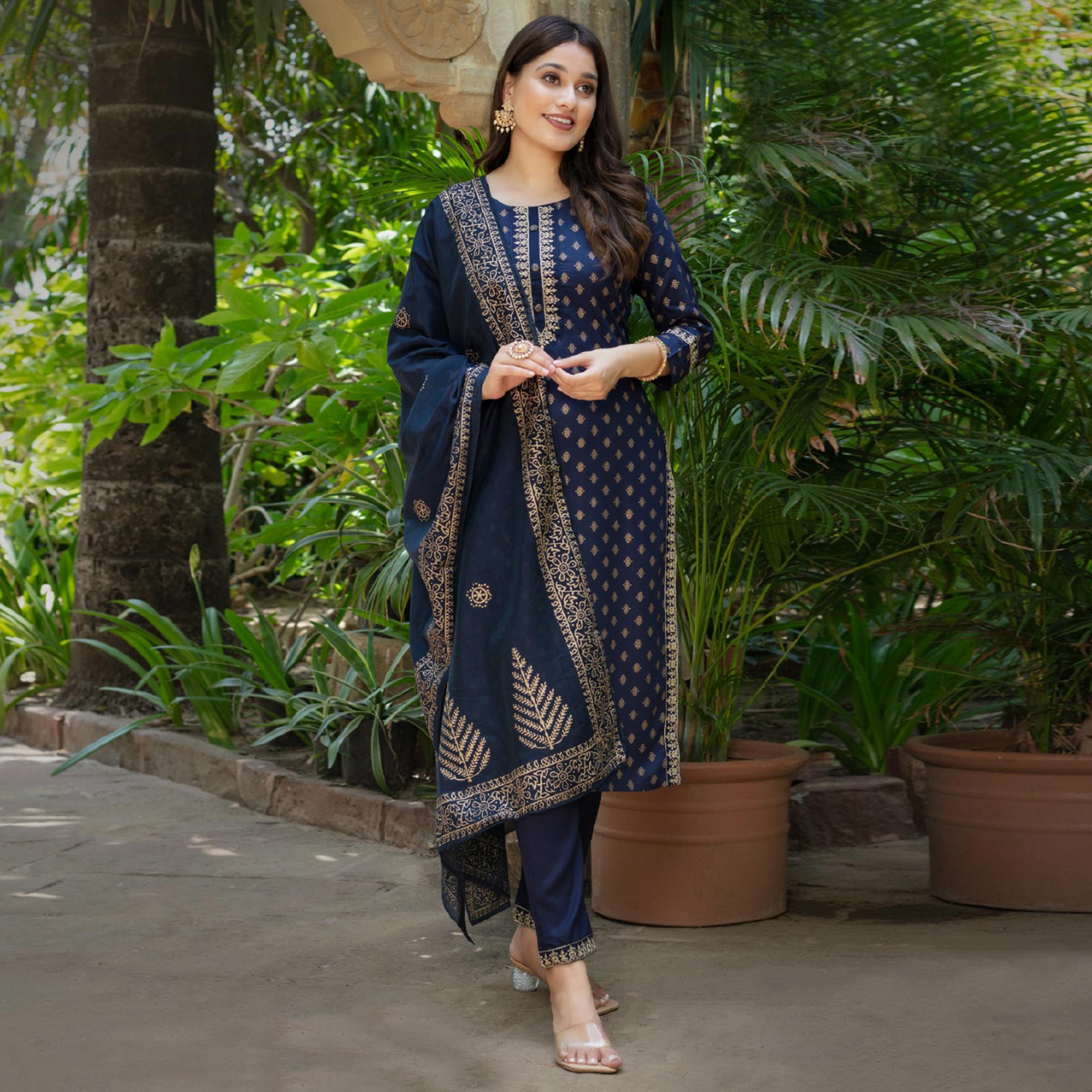 Navy Blue Printed Rayon Salwar Suit
