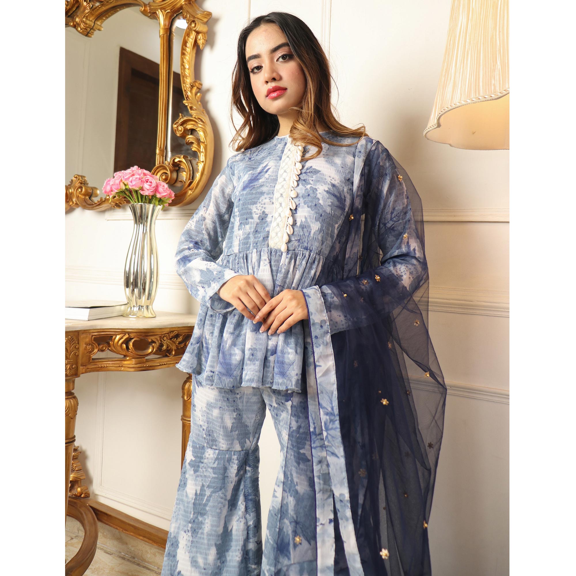 Grey Floral Printed Georgette Sharara Suit