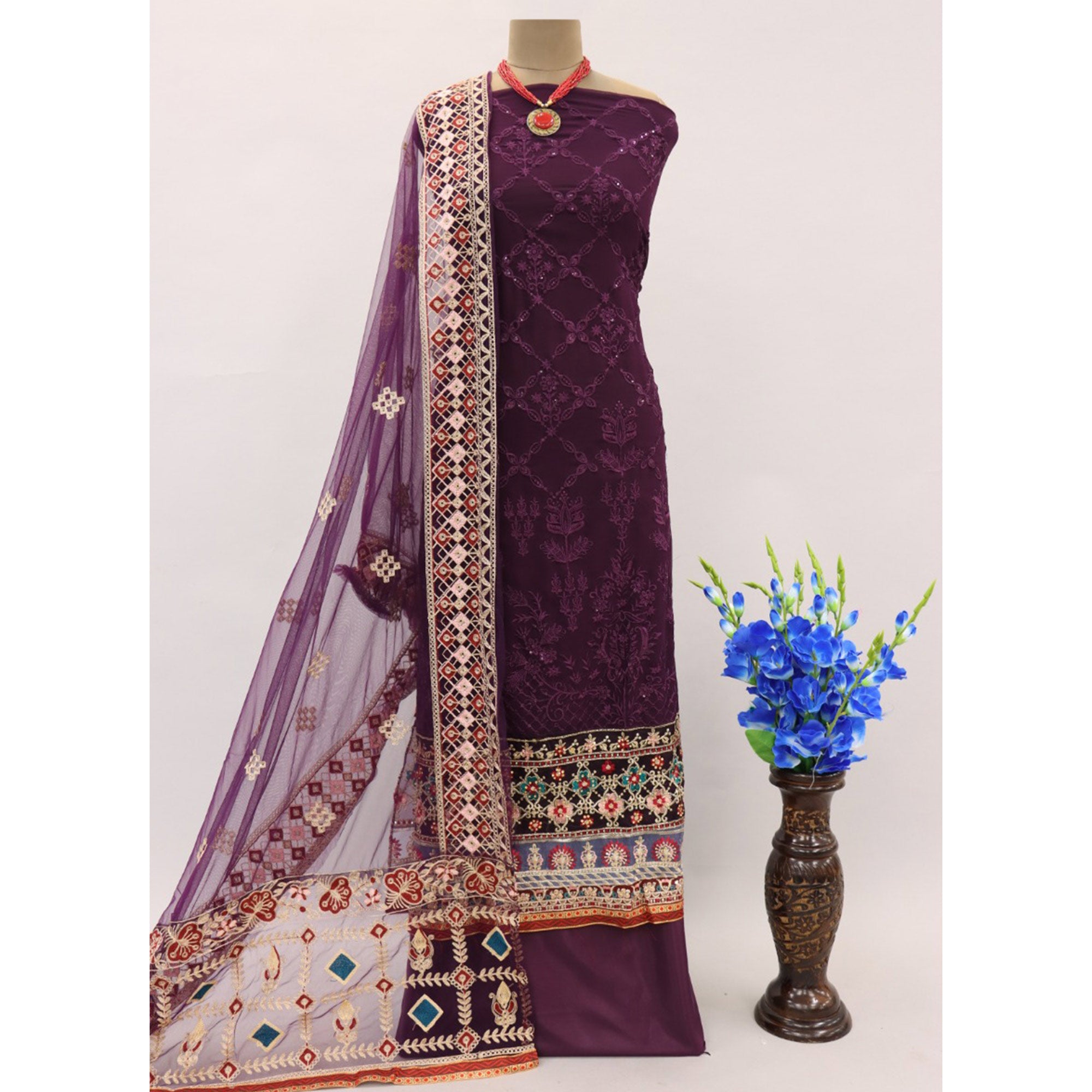 Purple Sequins Embroidered Georgette Pakistani Suit