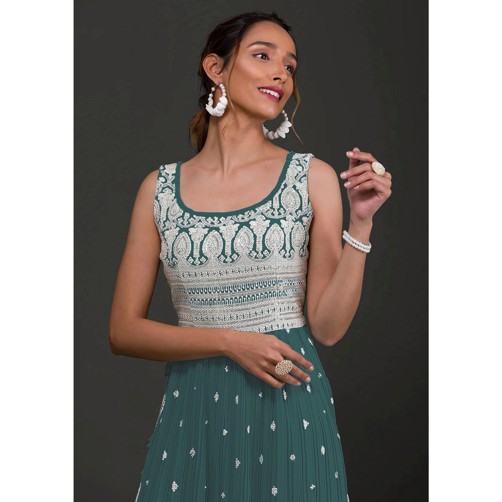 Rama Green Embroidered Georgette Naira Cut Semi Stitched Palazzo Suit