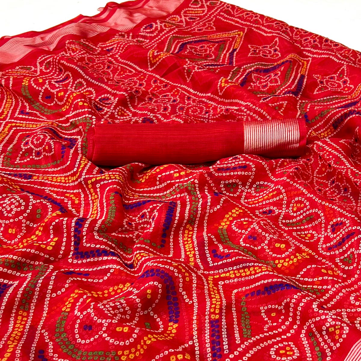 Red Bandhani Printed Chiffon Saree