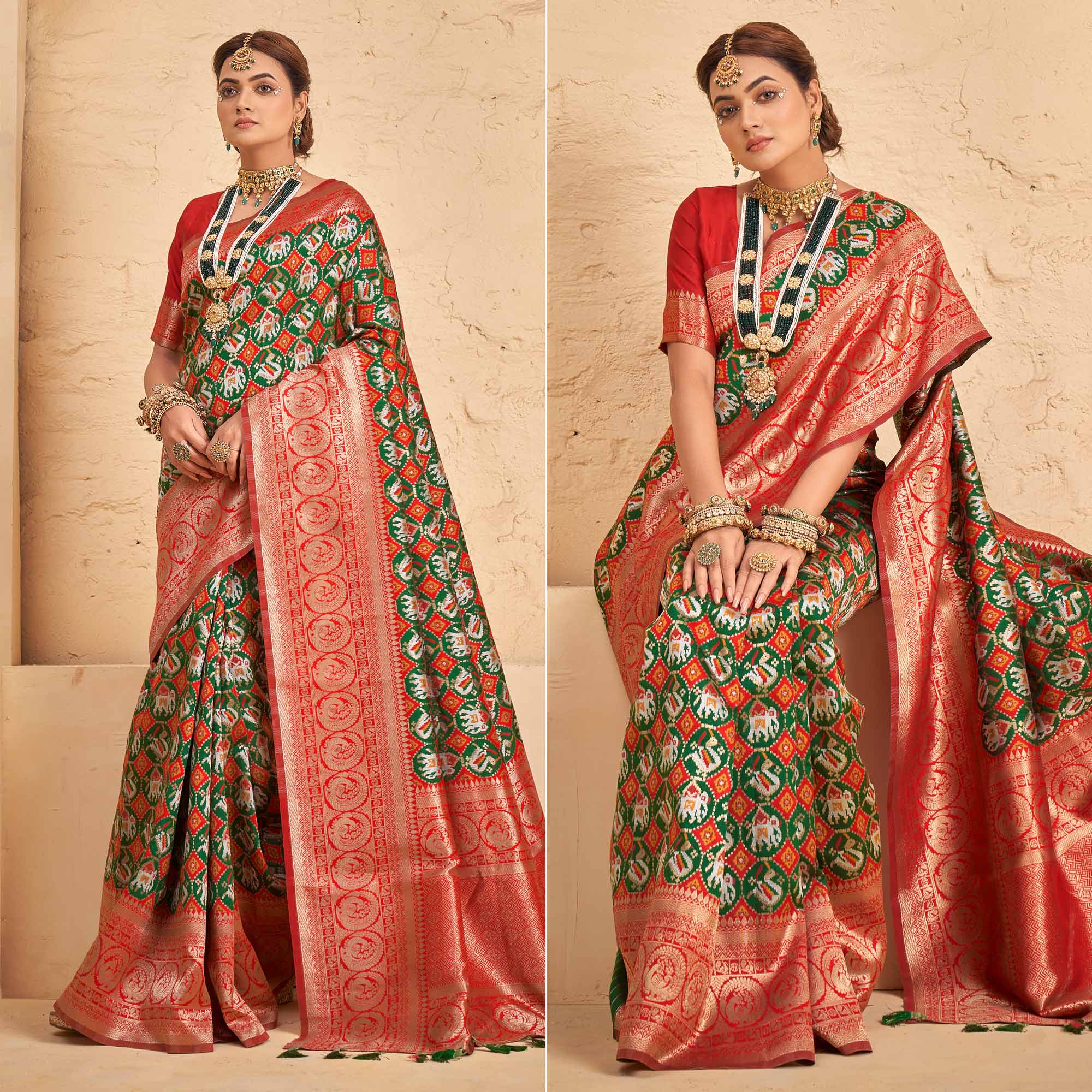 Green Woven Patola Art Silk Saree With Tassels