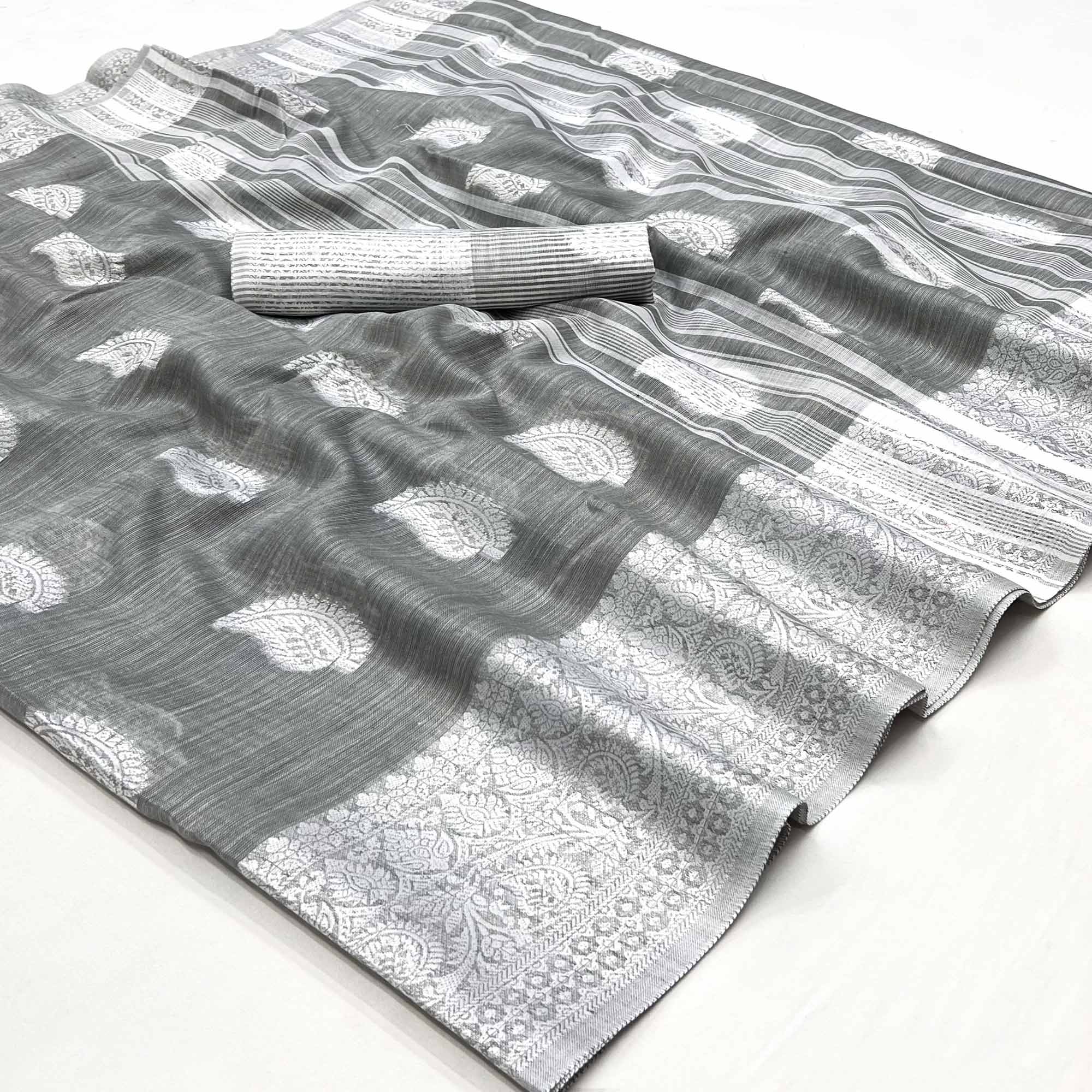 Grey Woven Linen Saree