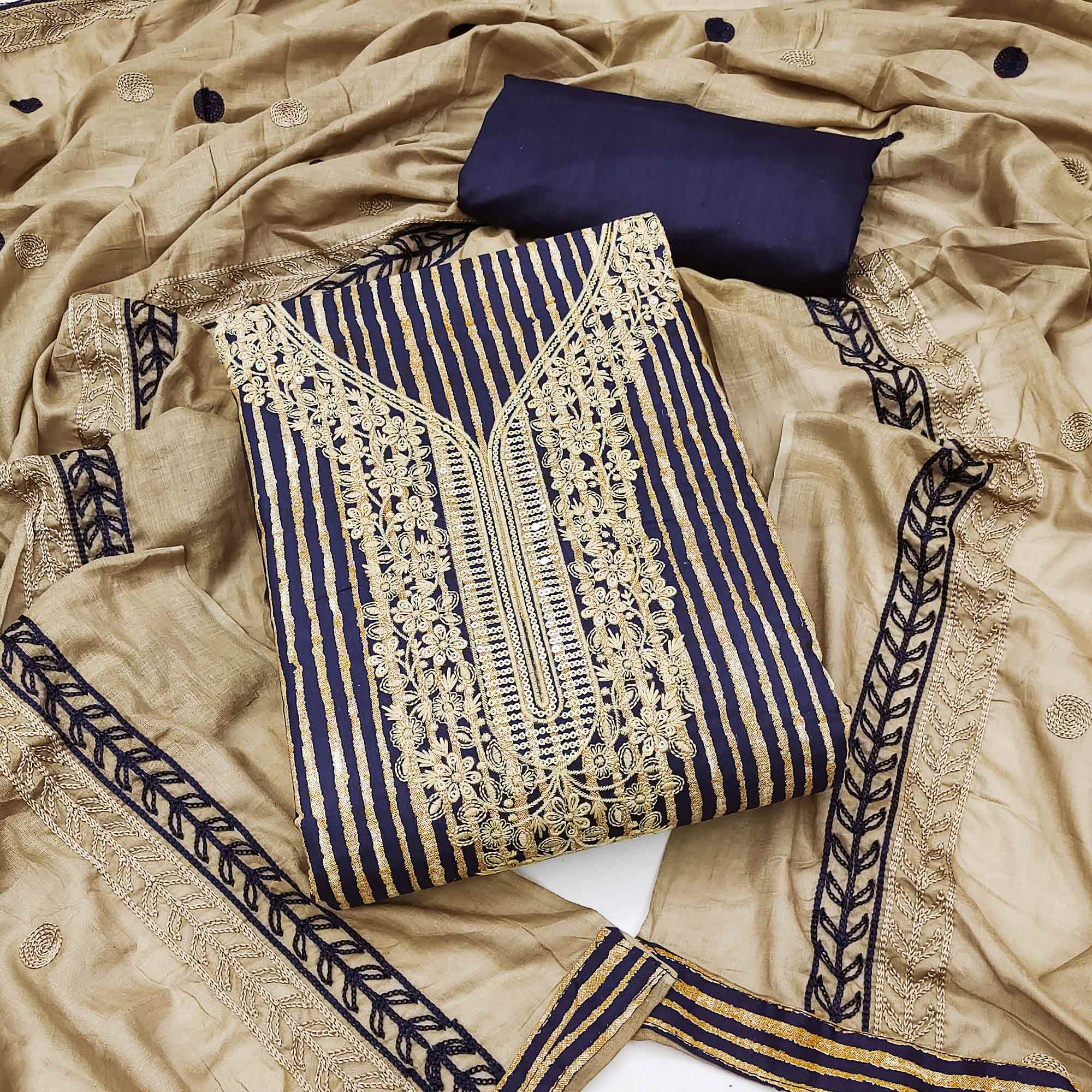 Navy Blue Printed With Sequins Embroidered Pure Cotton Dress Material