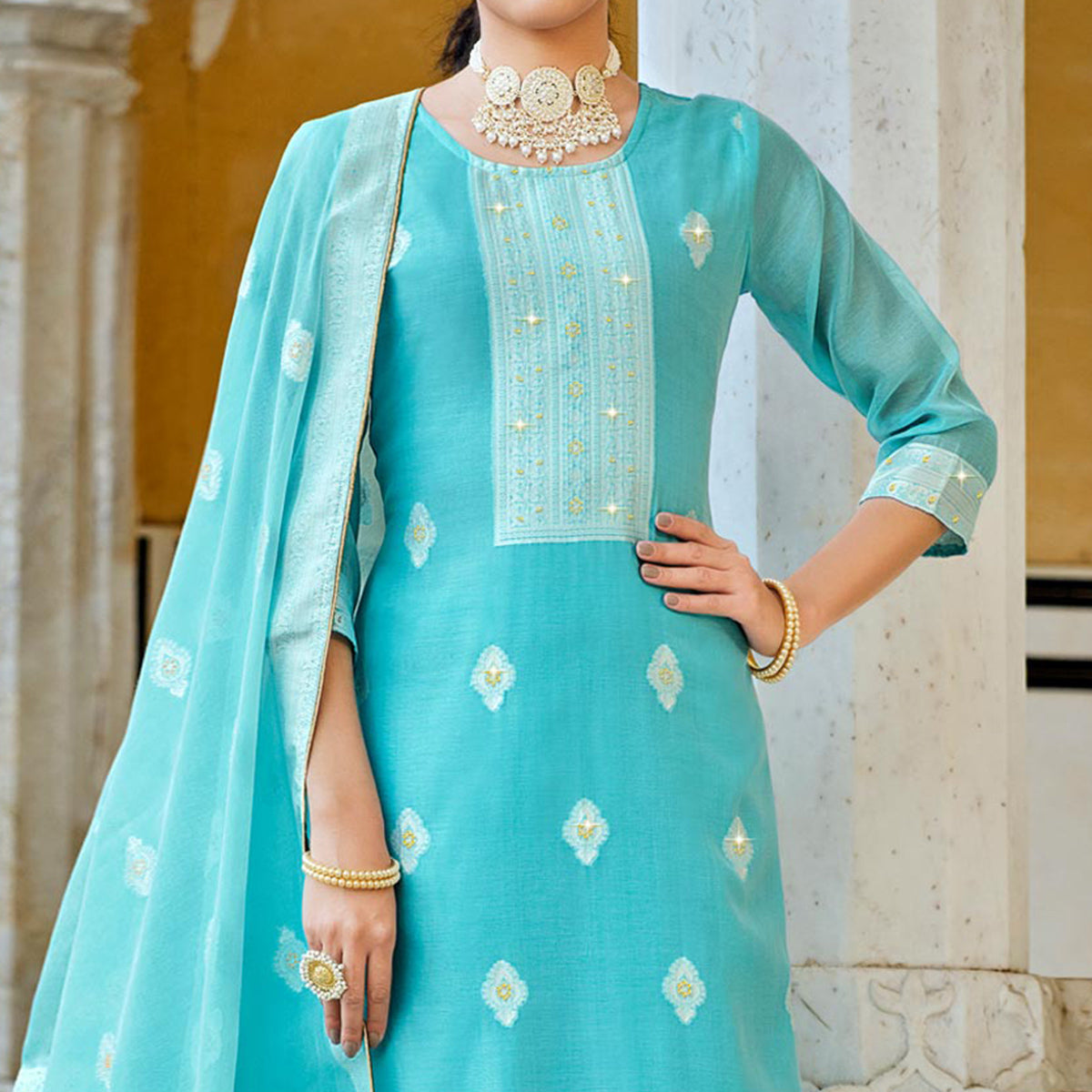 Aqua Blue Woven Pure Cotton Suit