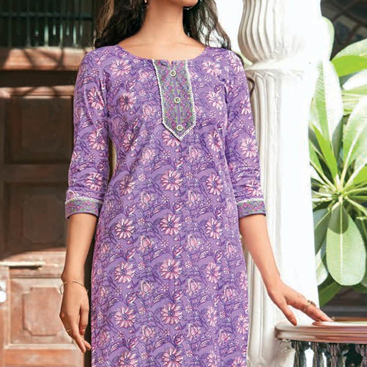 Lavender Floral Printed Cotton Blend Kurti