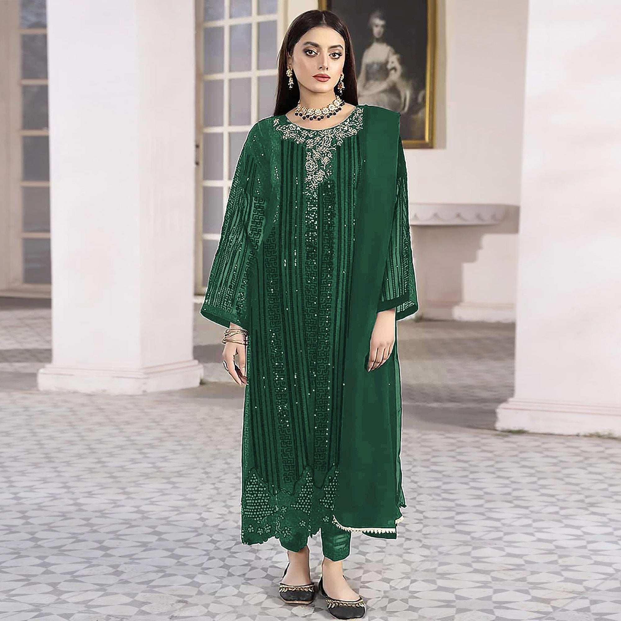 Green Sequins Embroidered Georgette Pakistani Suit