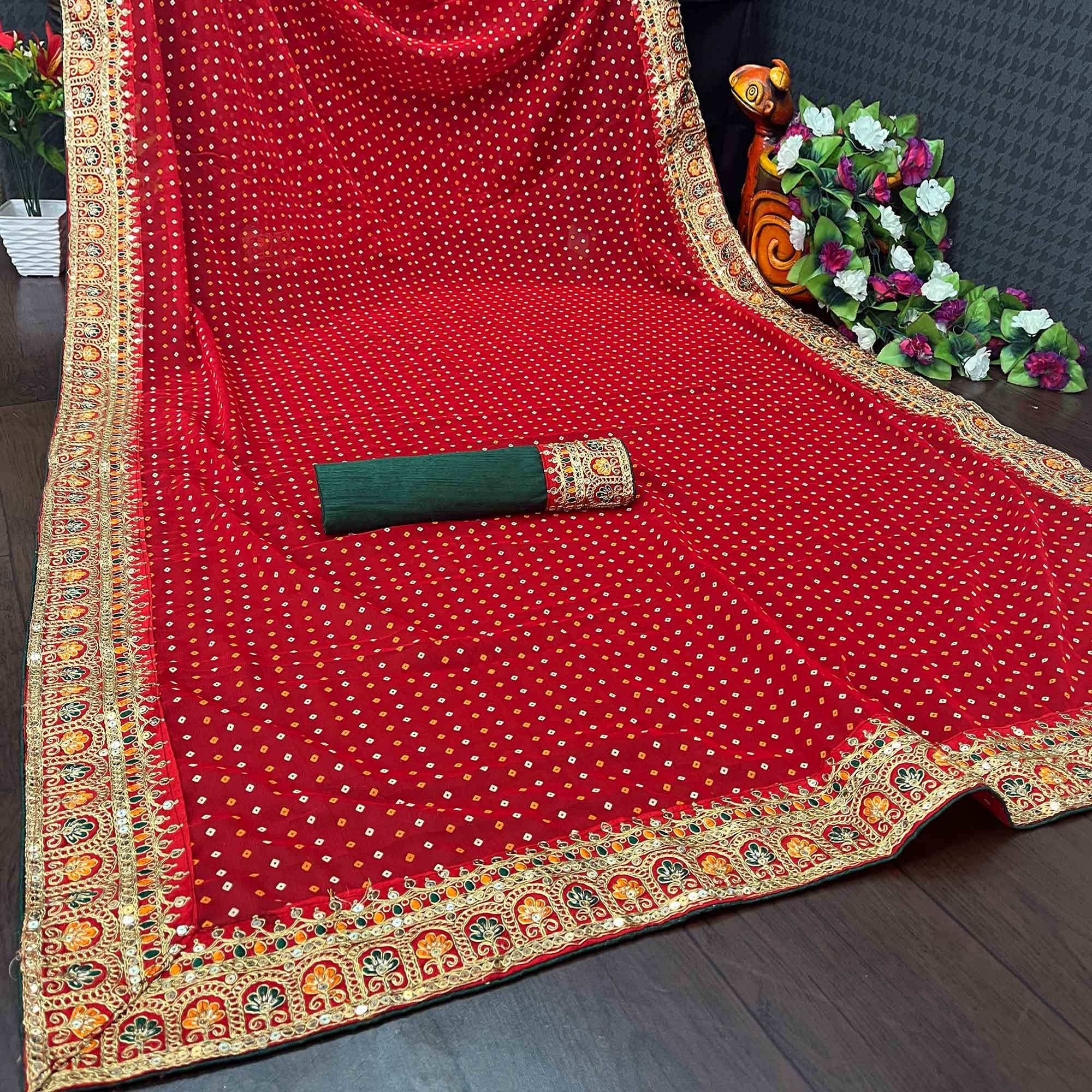 Red Bandhani Printed With Embroidered Border Georgette Saree