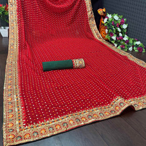 Red Bandhani Printed With Embroidered Border Georgette Saree
