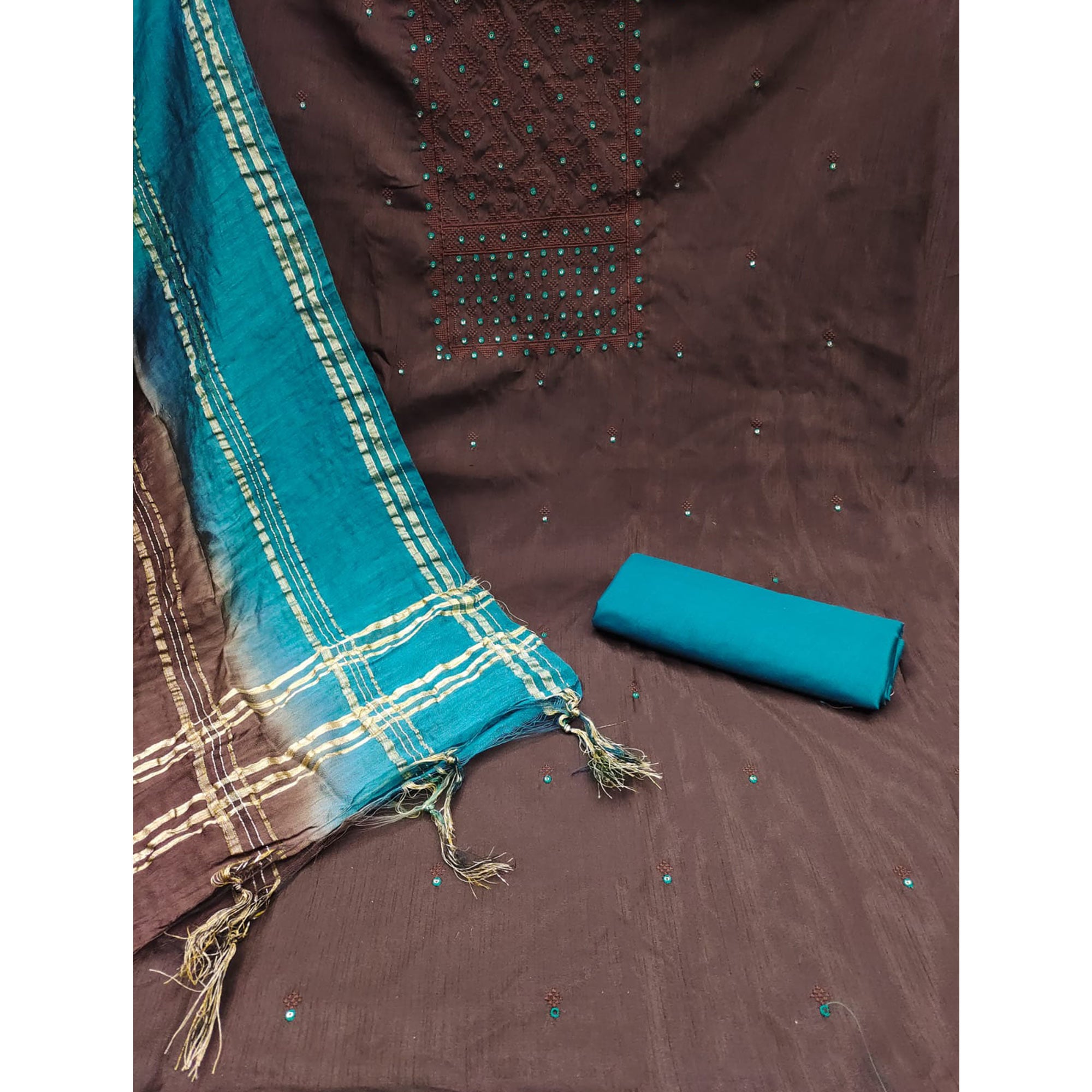 Brown Sequins Embroidered Raw Silk Dress Material